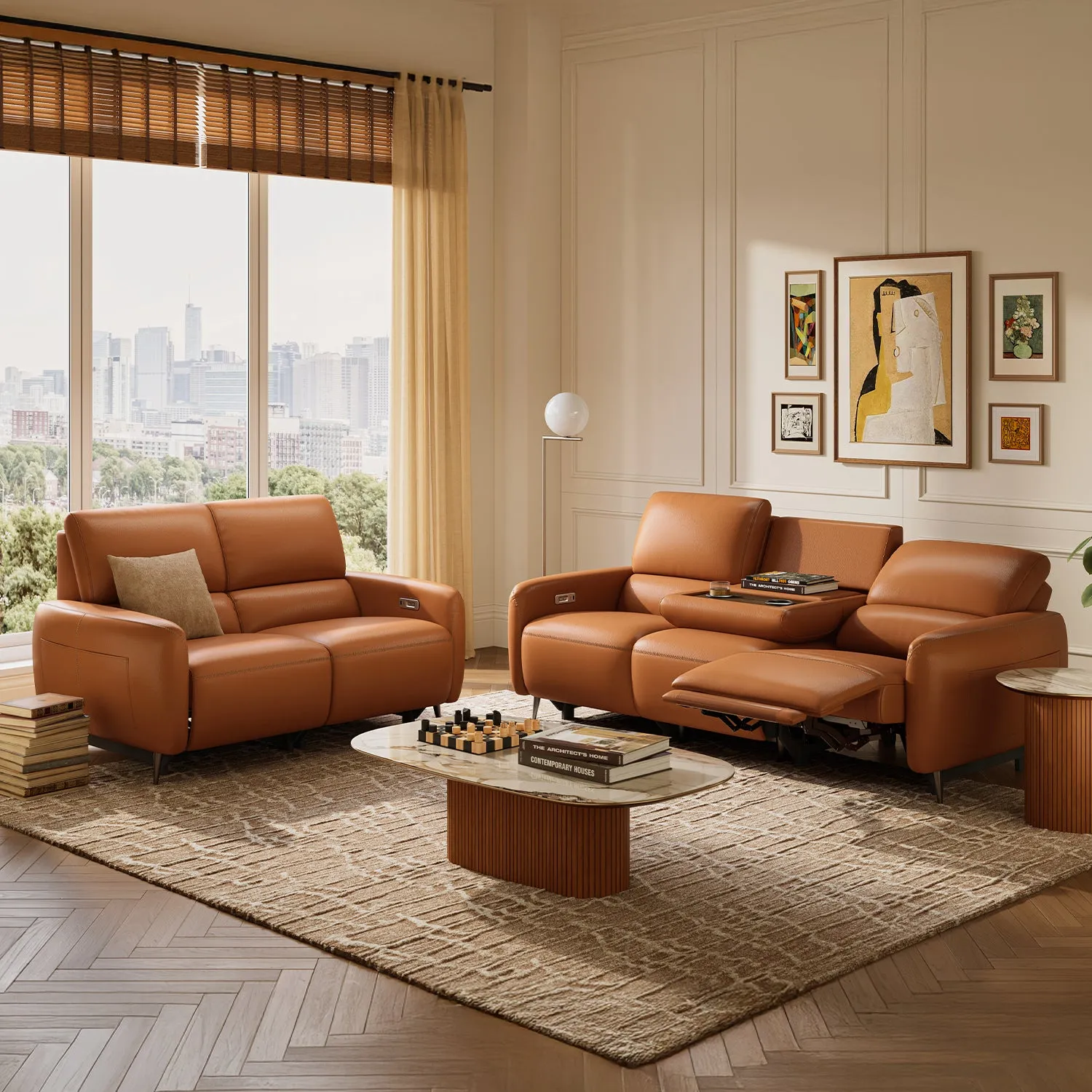 AeroStretch 3-2 Seat Set Power Reclining Sofa with Drop Down Tray - Top-Grain Leather