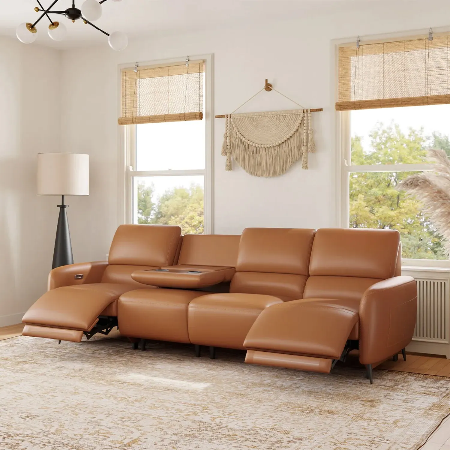 AeroStretch 4-Seat Power Reclining Sofa with Drop Down Tray - Top-Grain Leather