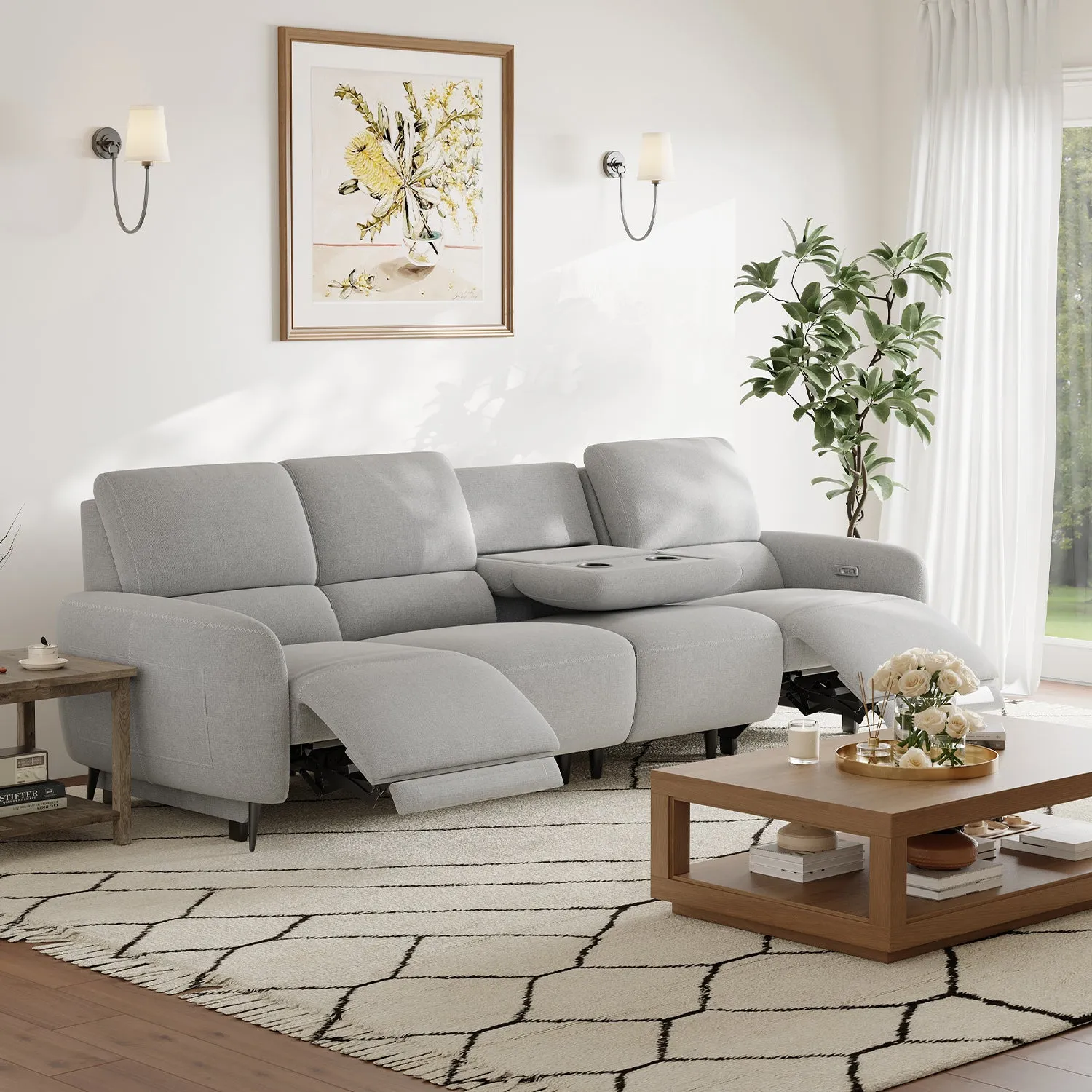 AeroStretch 4-Seater Power Recliner Sofa with Drop Down Tray - Polyester