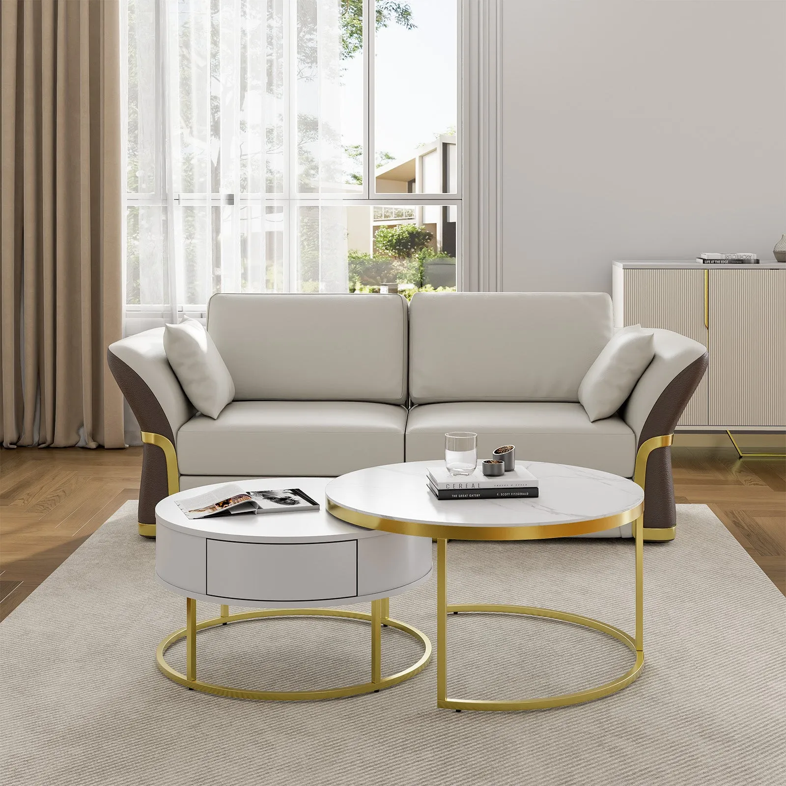 Cassandra Nesting Round Coffee Table with Drawers - Marble