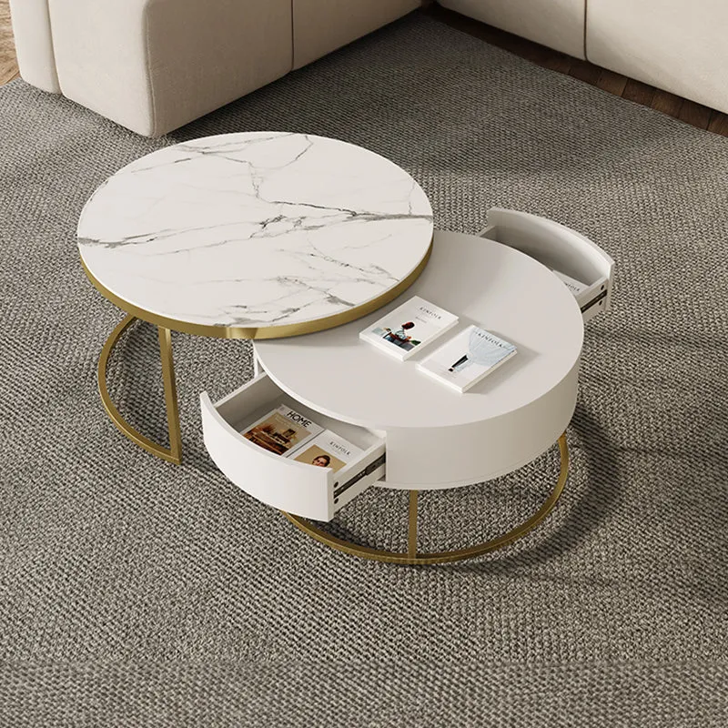Cassandra Nesting Round Coffee Table with Drawers - Marble