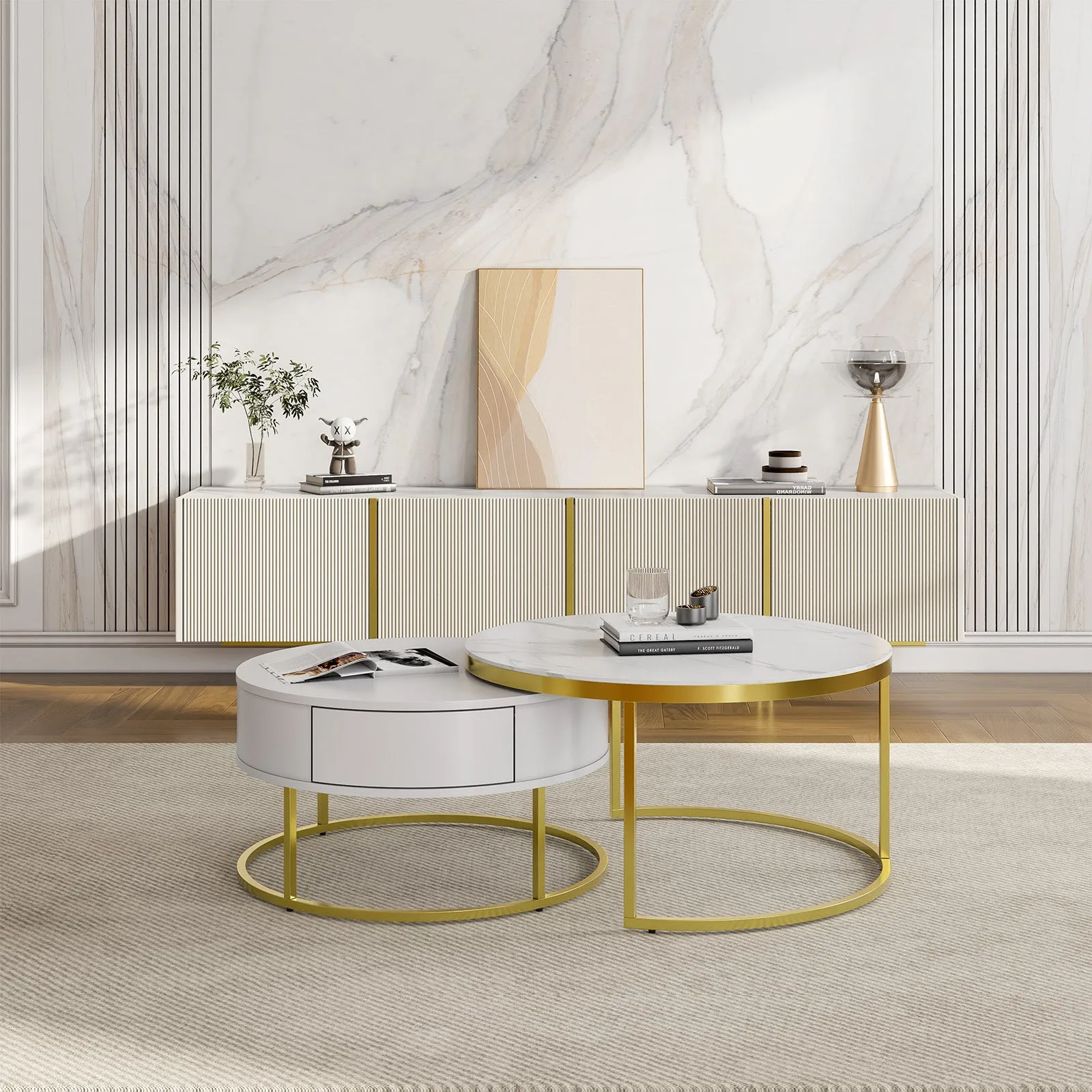 Cassandra Nesting Round Coffee Table with Drawers - Marble image