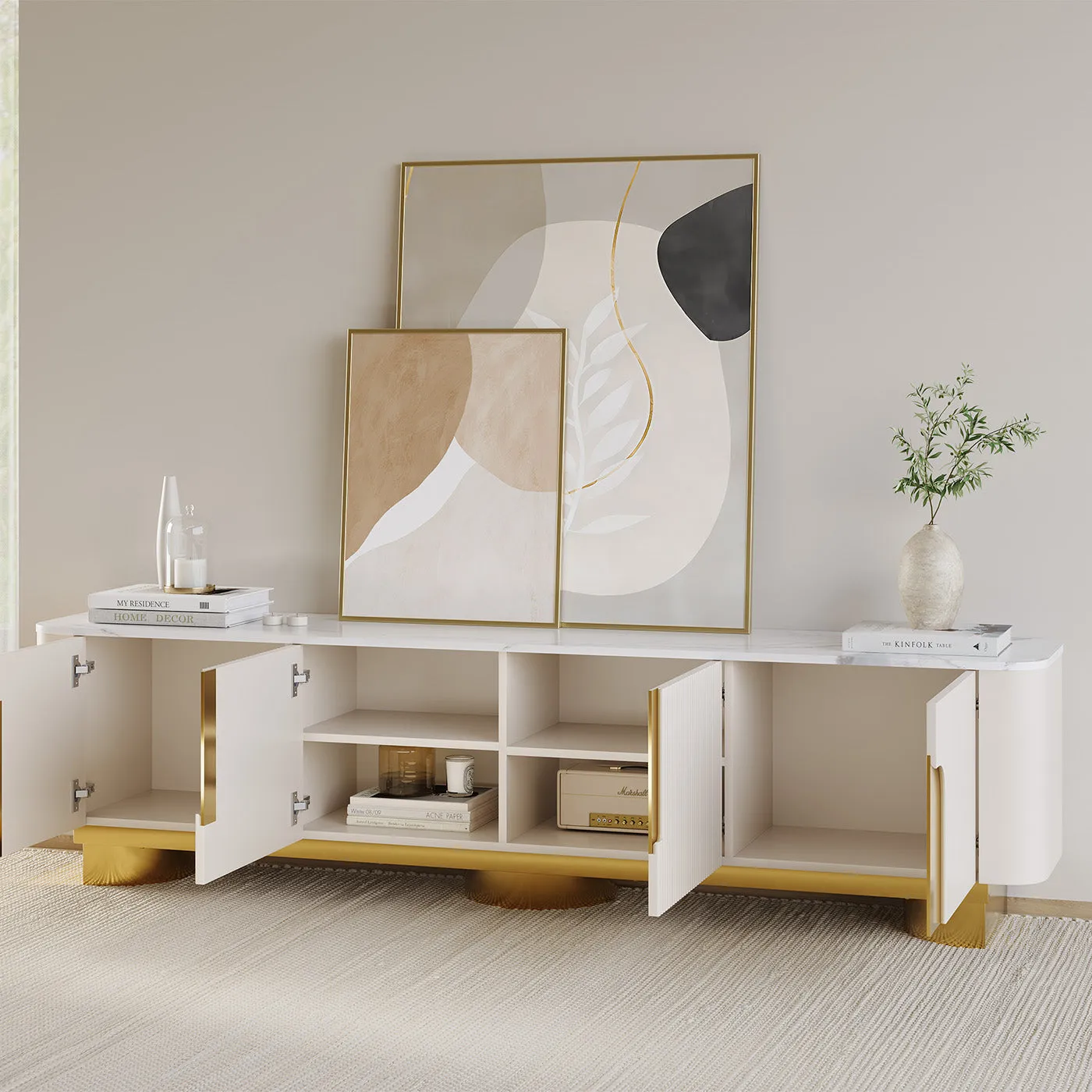 Elina Rounded-Corner TV Stand with Storage - Marble Pattern
