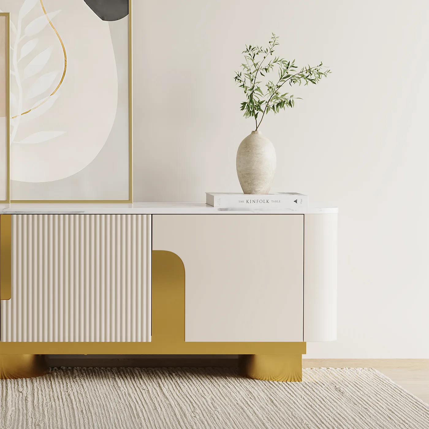 Elina Rounded-Corner TV Stand with Storage - Marble Pattern