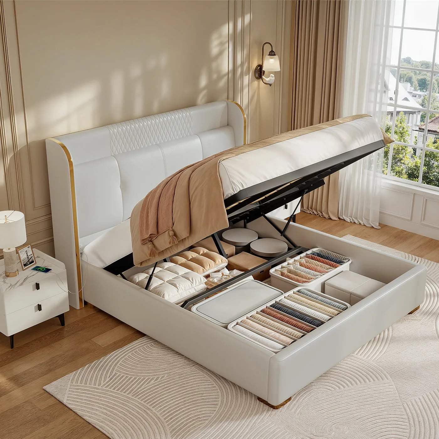 George King Size Platform Bed Frame with Storage - White, PU Leather