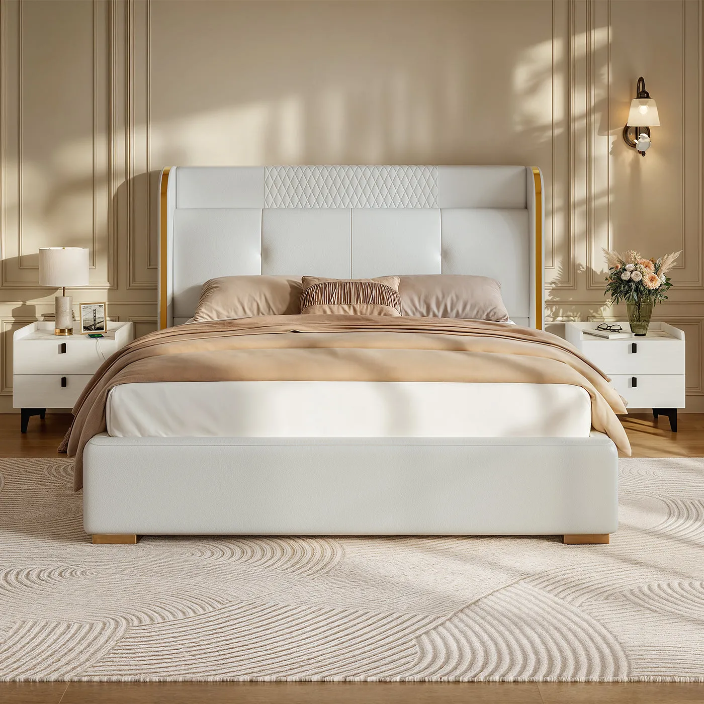 George King Size Platform Bed Frame with Storage - White, PU Leather