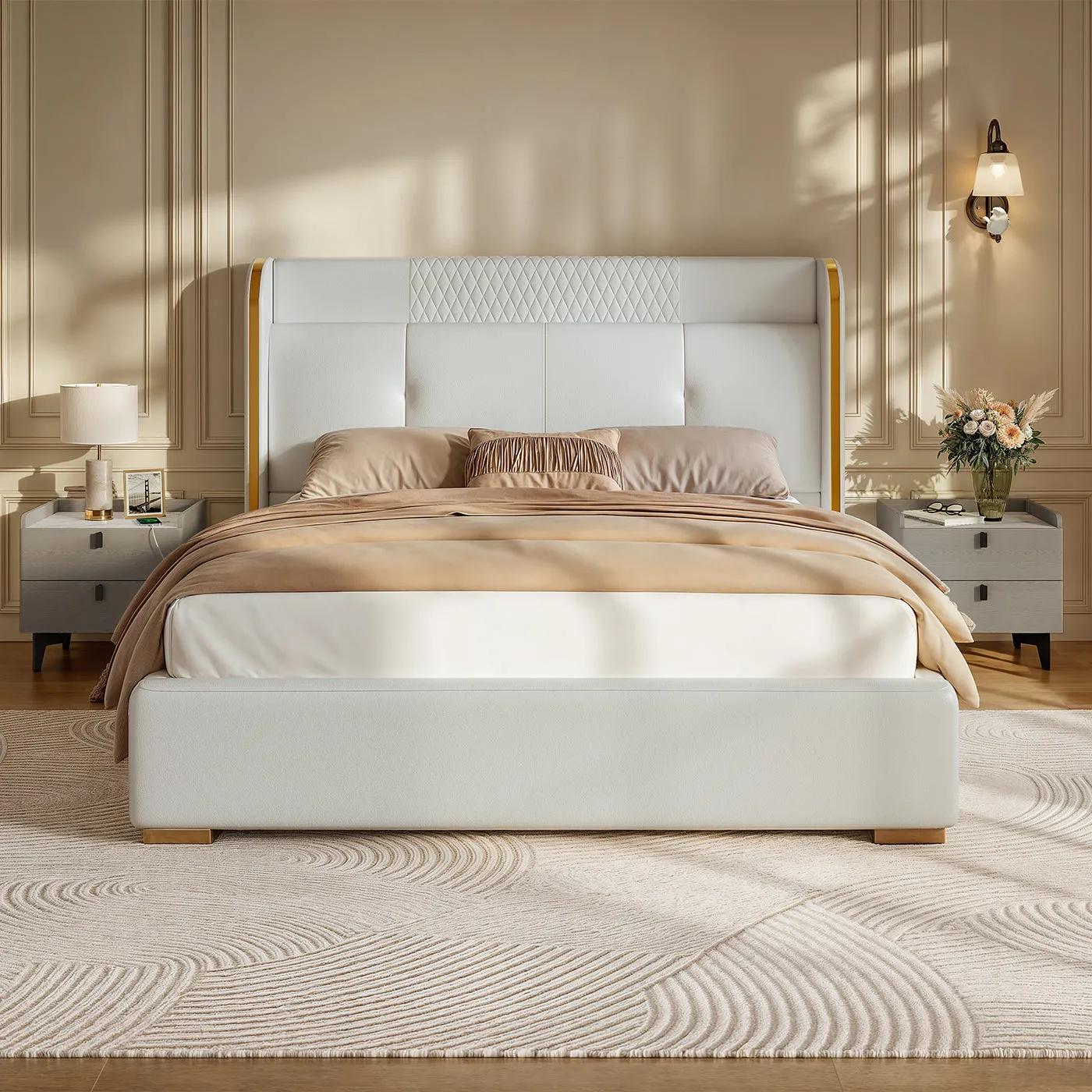 George King Size Platform Bed Set with 2 Nightstands - White, PU Leather