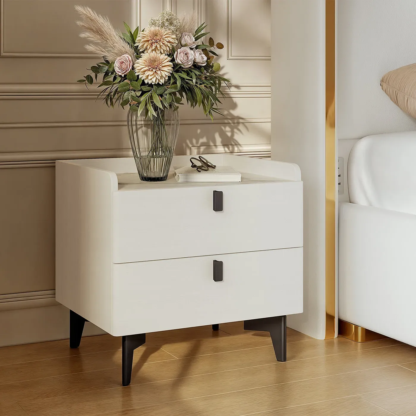 George King Size Platform Bed Set with 2 Nightstands - White, PU Leather