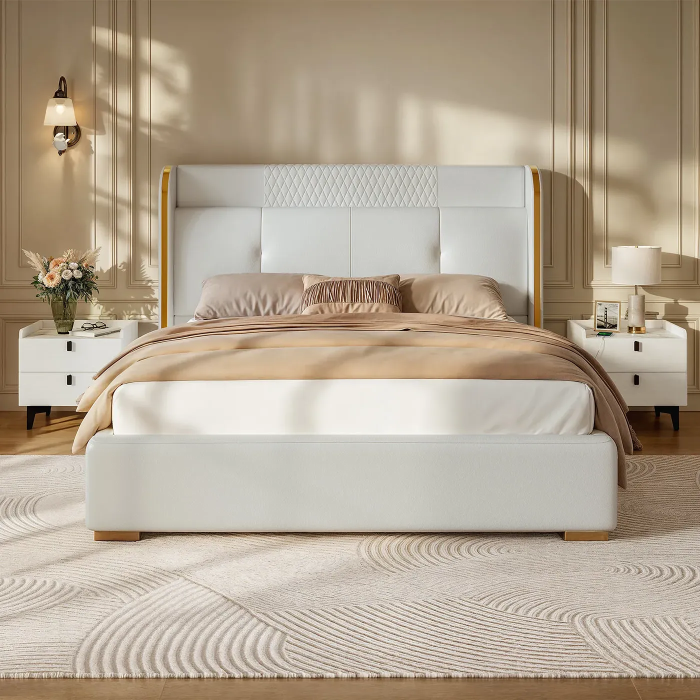 George King Size Platform Bed Set with 2 Nightstands - White, PU Leather image