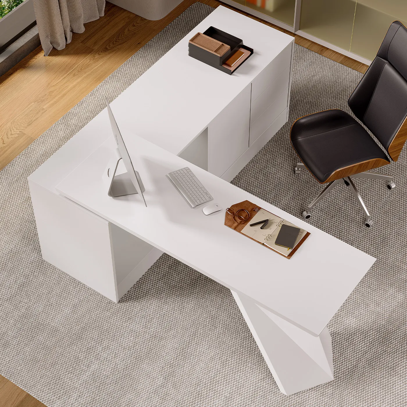 George L-Shaped Executive Desk with Drawers - White