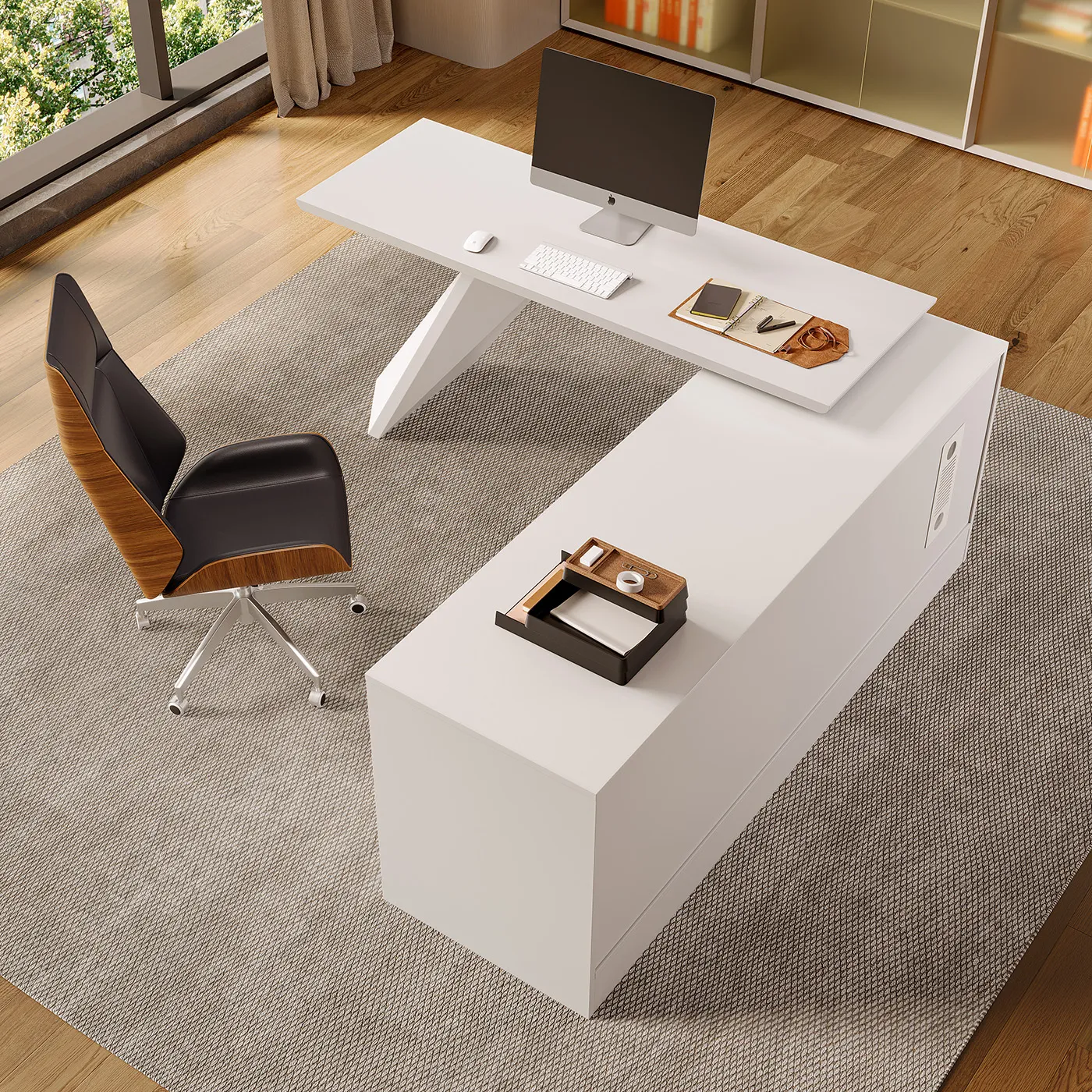 George L-Shaped Executive Desk with Drawers - White