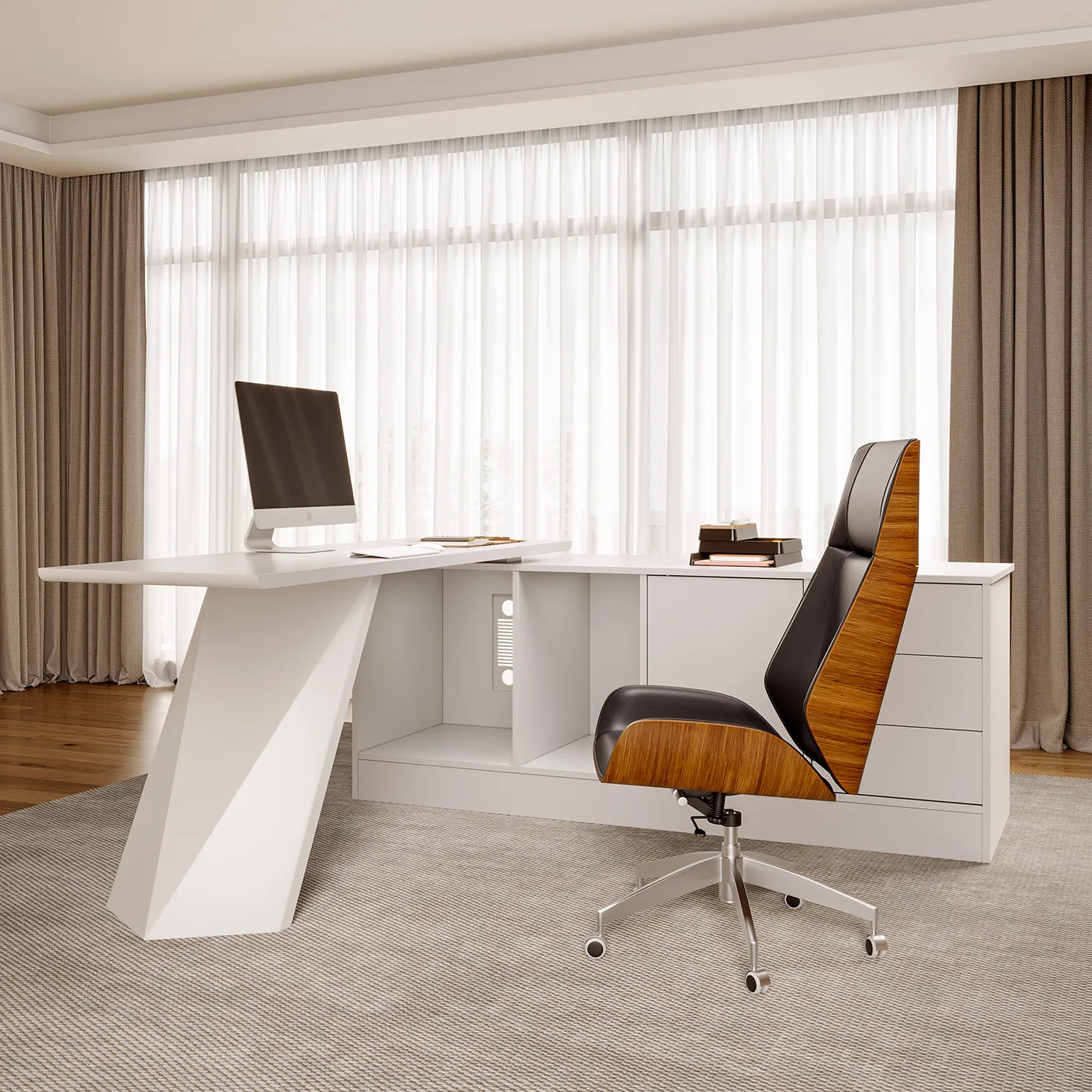 George L-Shaped Executive Desk with Drawers - White