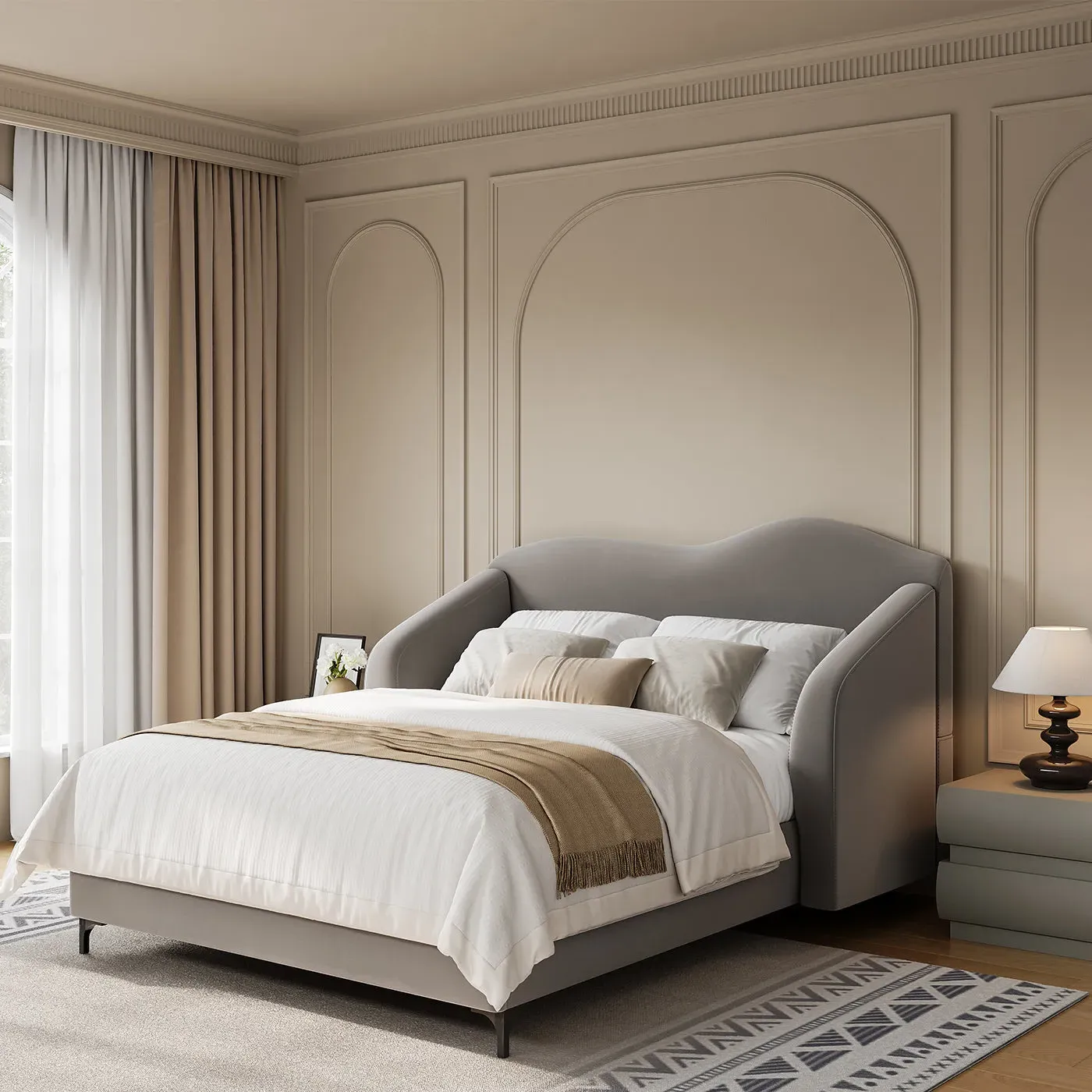 Kelly Nordic Queen Platform Bed Frame with Headboard and 2 Nightstands