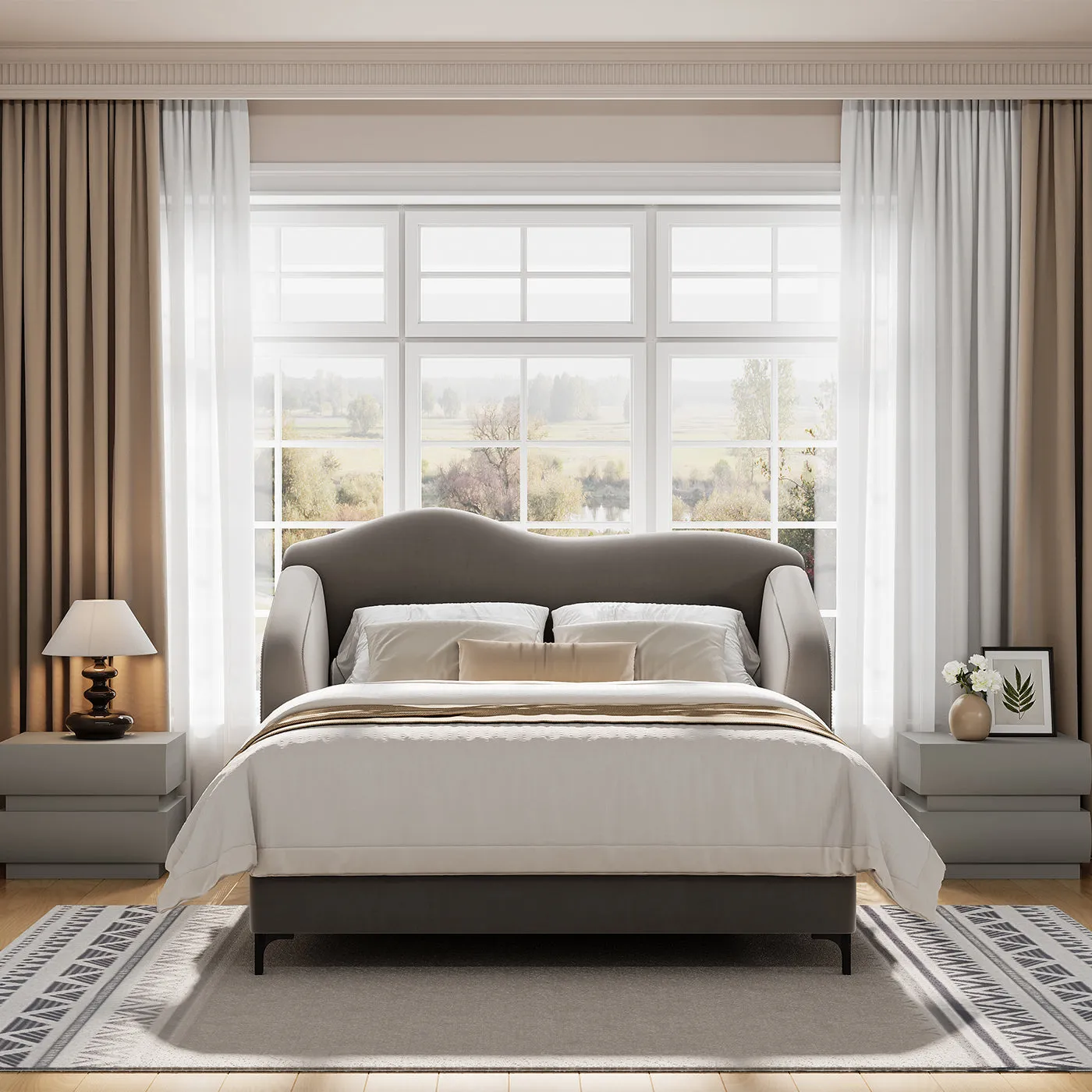 Kelly Nordic Queen Platform Bed Frame with Headboard and 2 Nightstands image