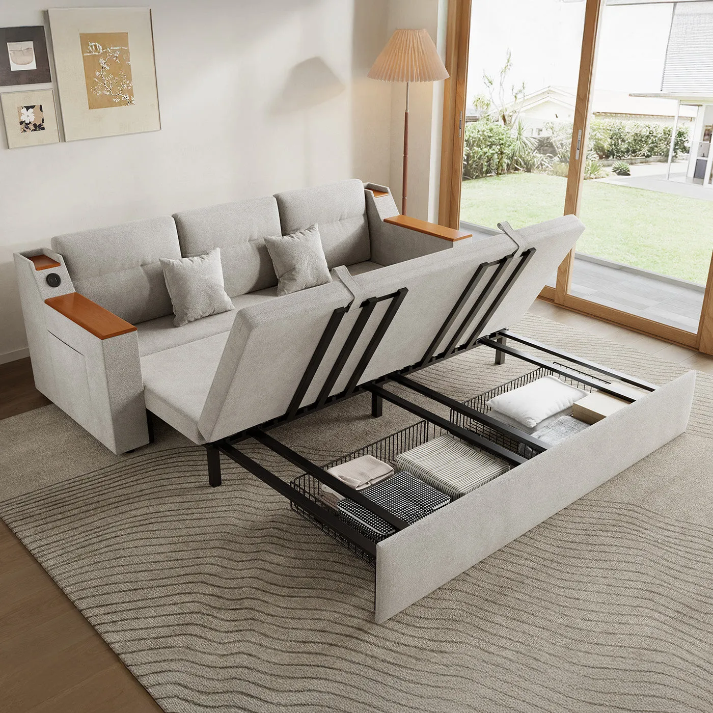 Miya 3-Seater Convertible Sofa Bed with Storage - Light Grey image