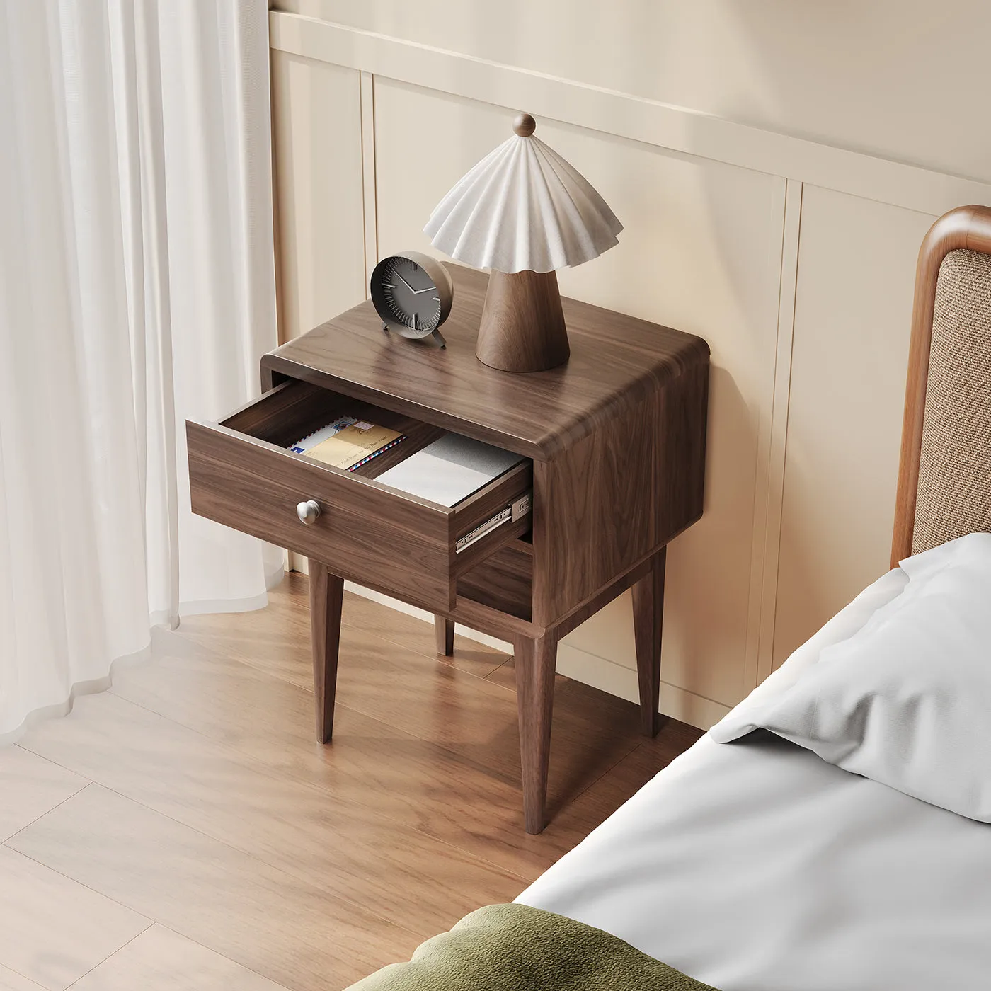 Miya Japandi Bedside Table with Storage - Walnut