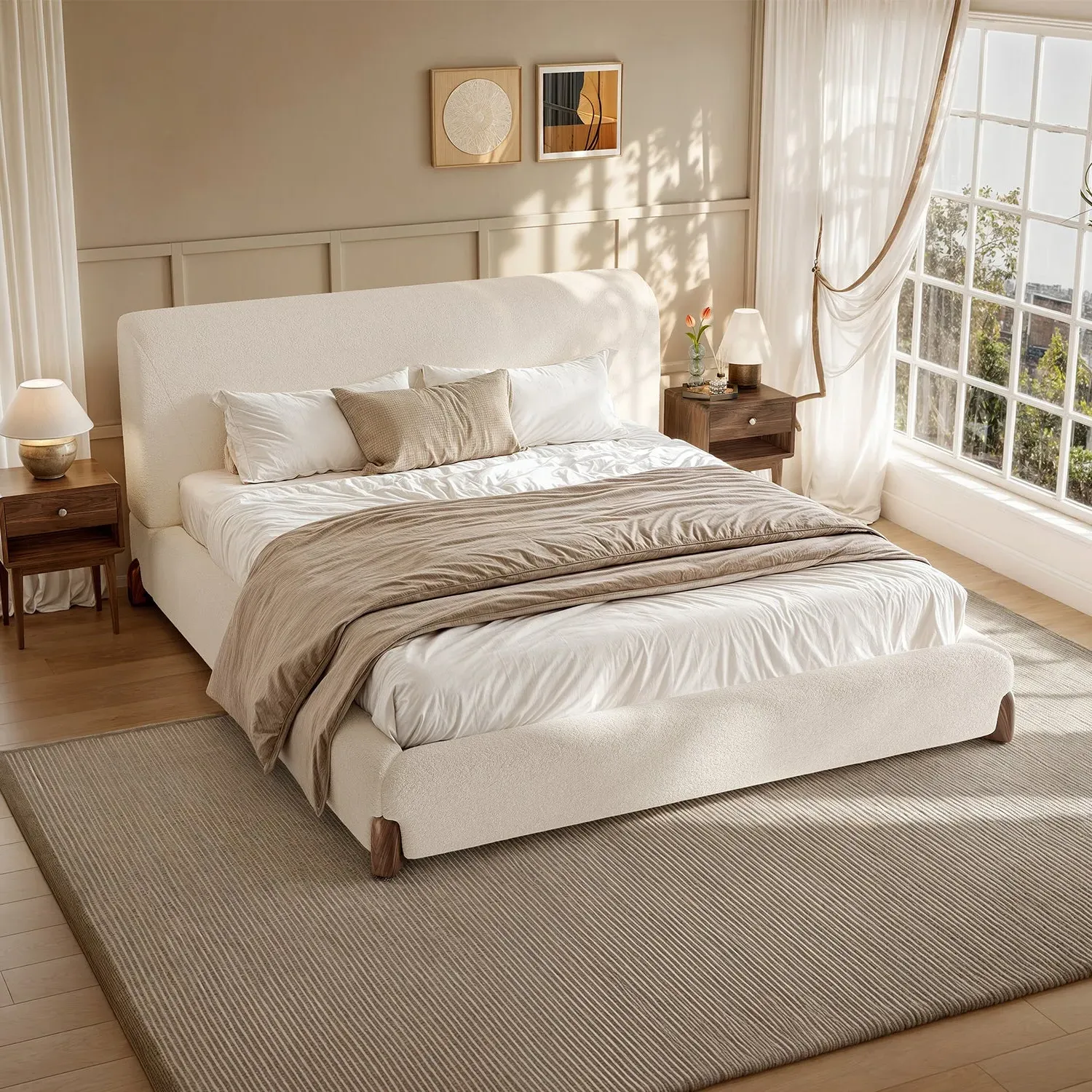 Miya Japandi Platform Bed Frame & 2 Nightstands Set - White