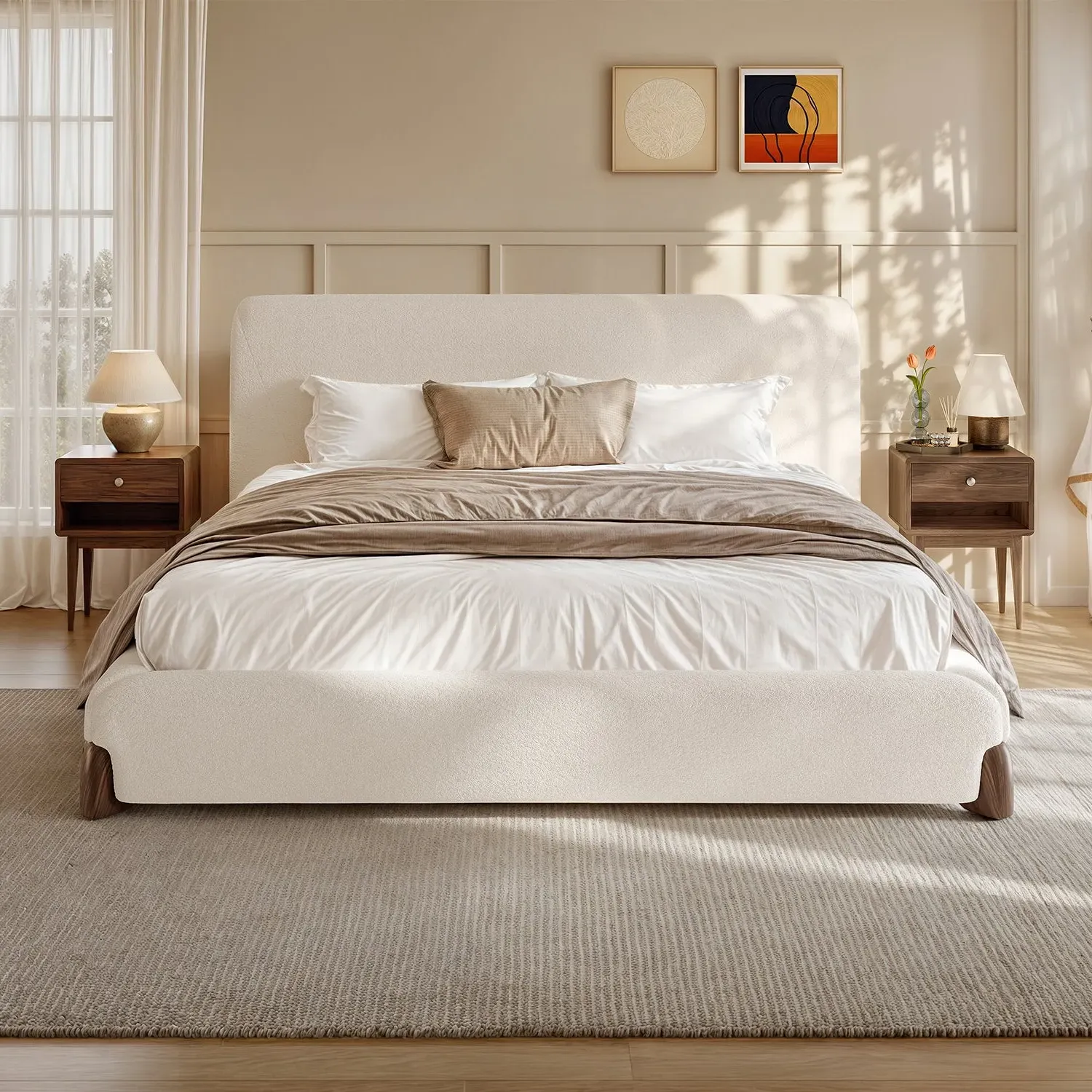 Miya Japandi Platform Bed Frame & 2 Nightstands Set - White