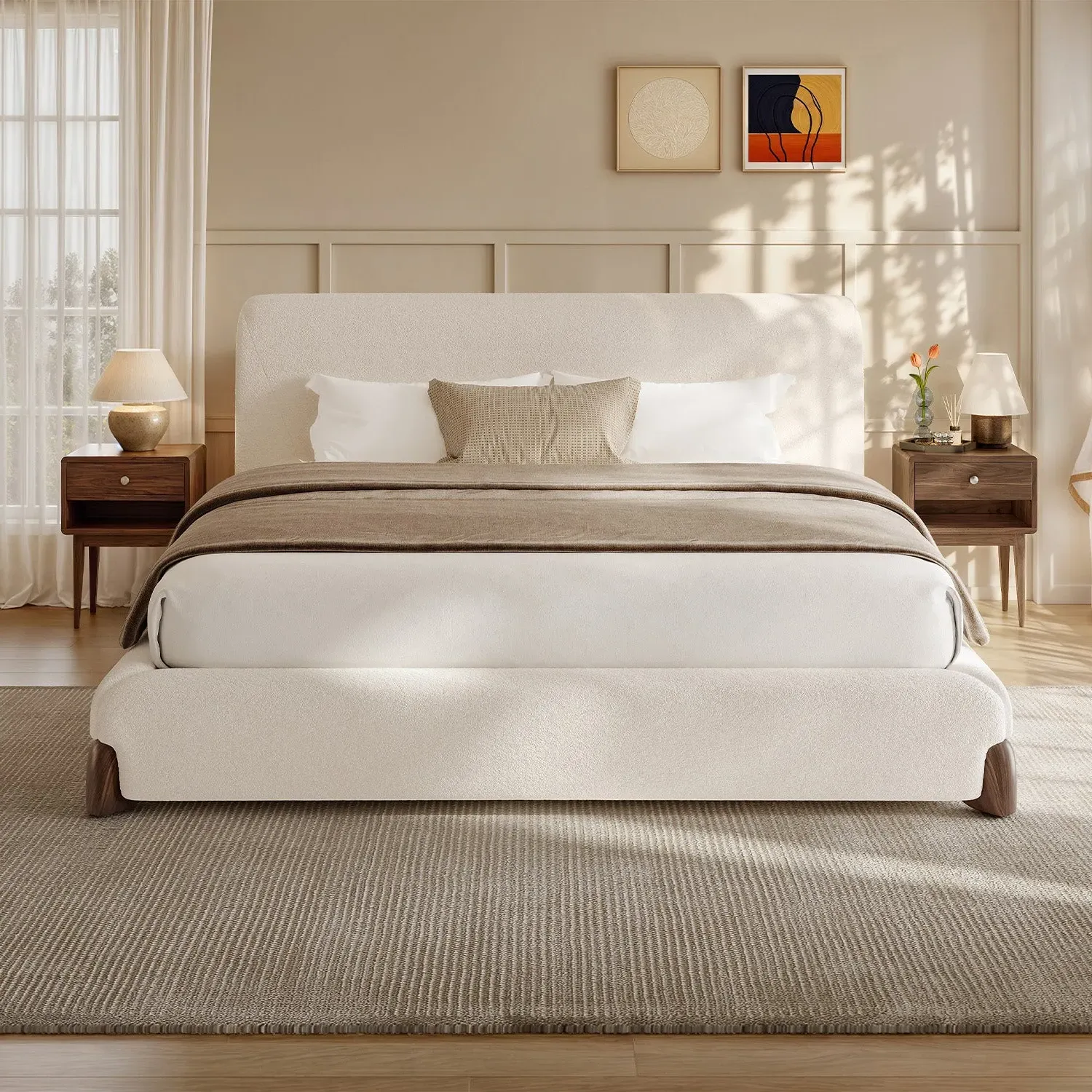 Miya Japandi Upholstered Sherpa Queen/King Platform Bed Frame