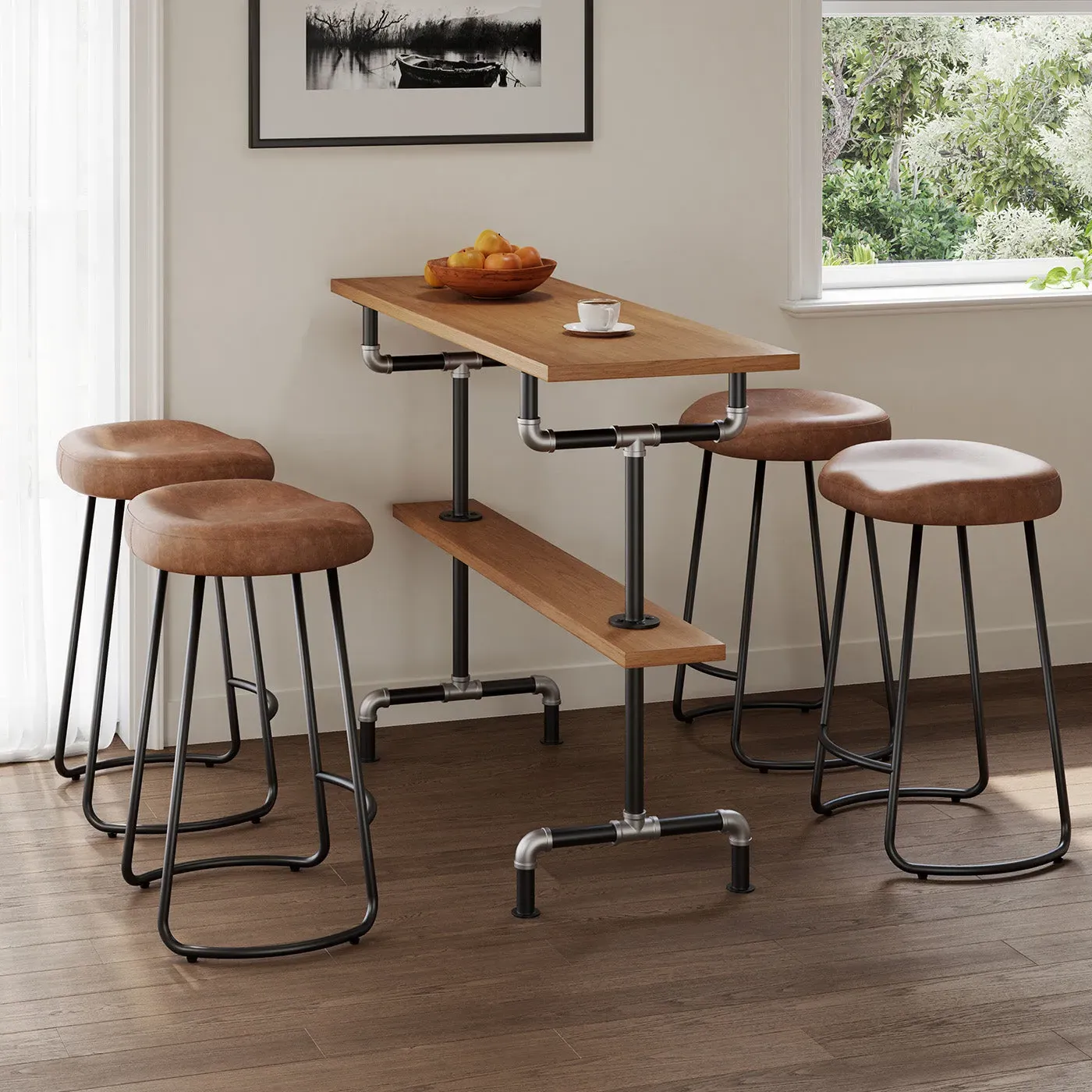 Smith Industrial Dining Set with 4 Chairs - Brown Wood