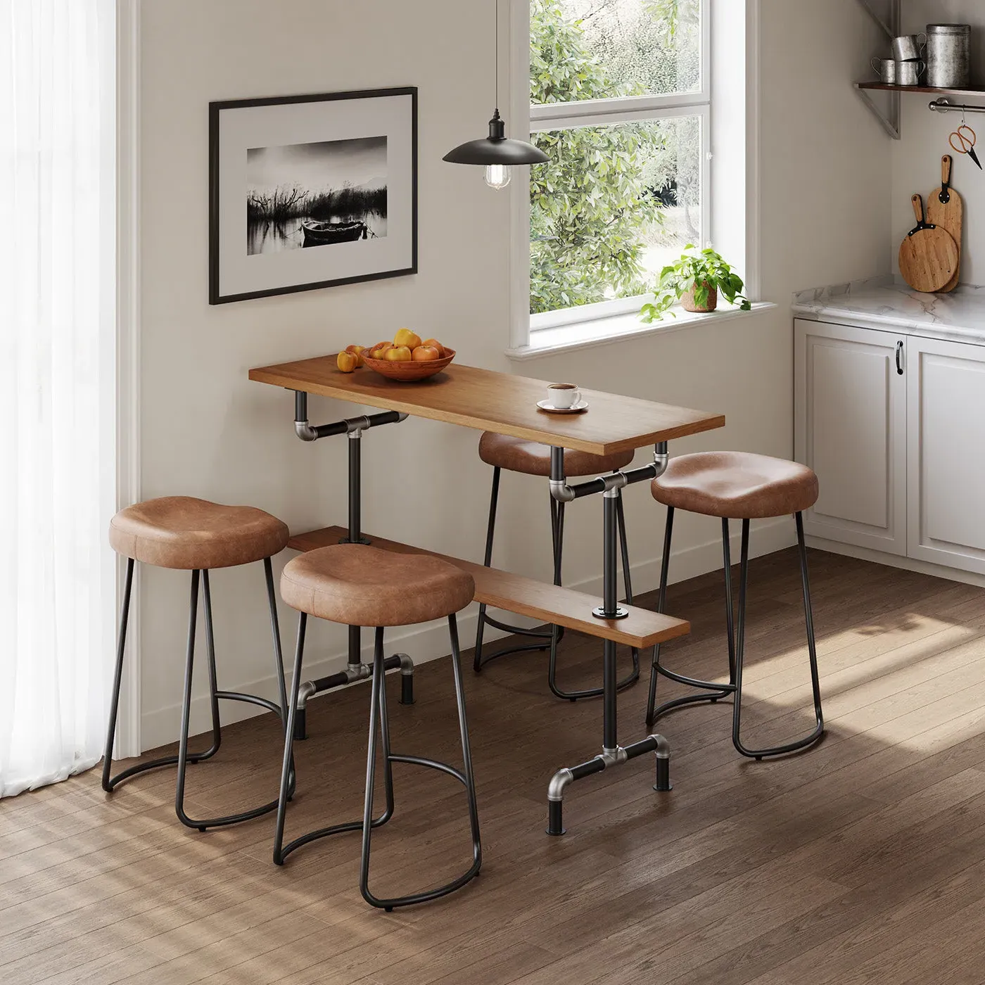 Smith Industrial Dining Set with 4 Chairs - Brown Wood