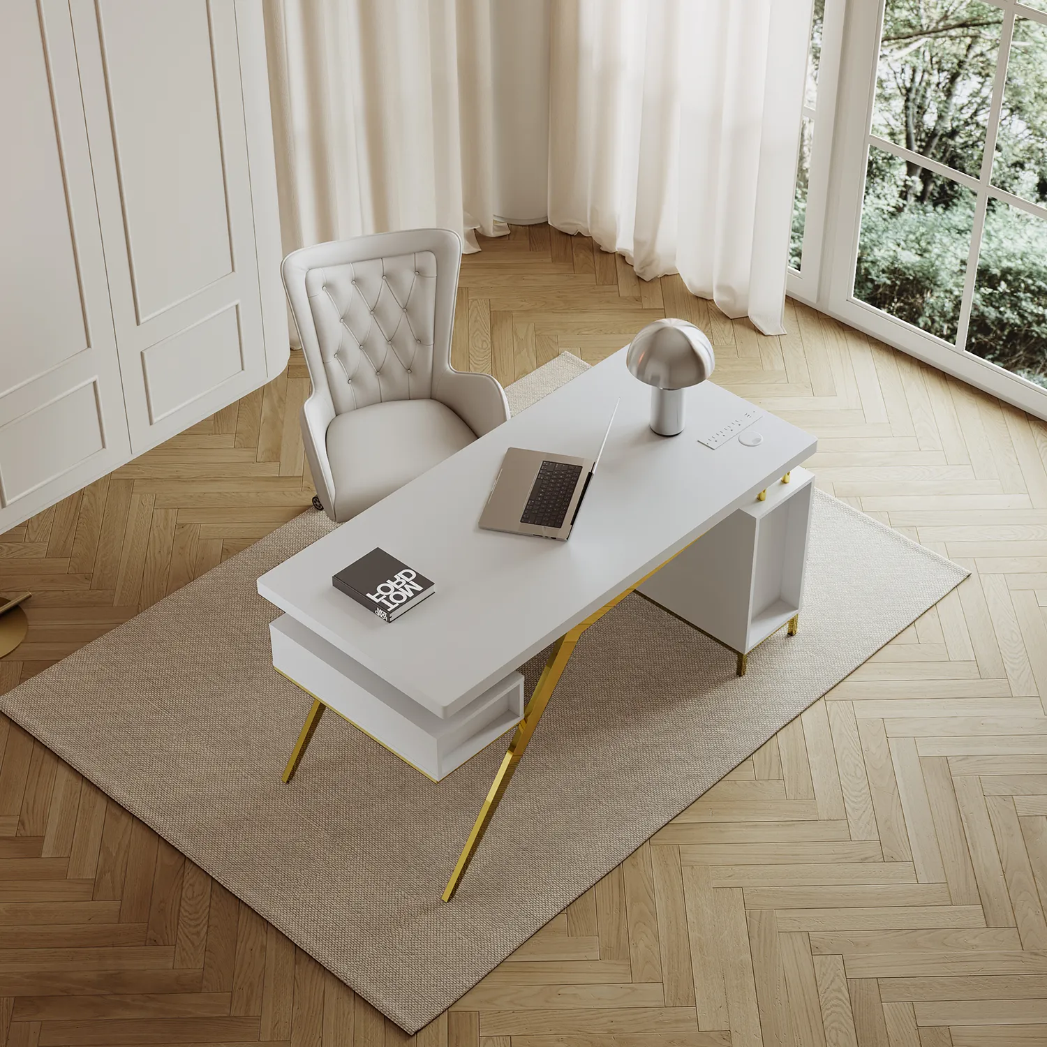 Sophie Common Office Desk & Chair Set - White Leather