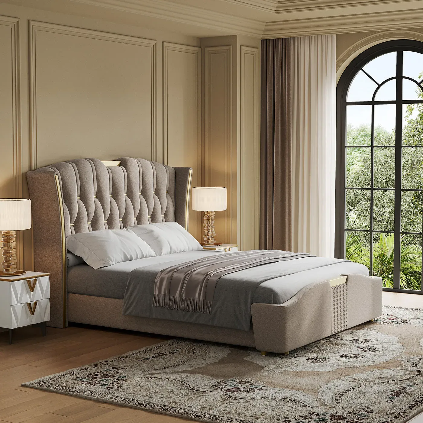 Sophie Common Queen Wingback Platform Bed Set with 2 Nightstands