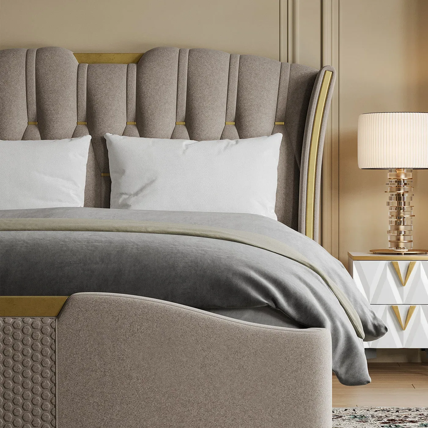 Sophie Common Queen Wingback Platform Bed Set with 2 Nightstands