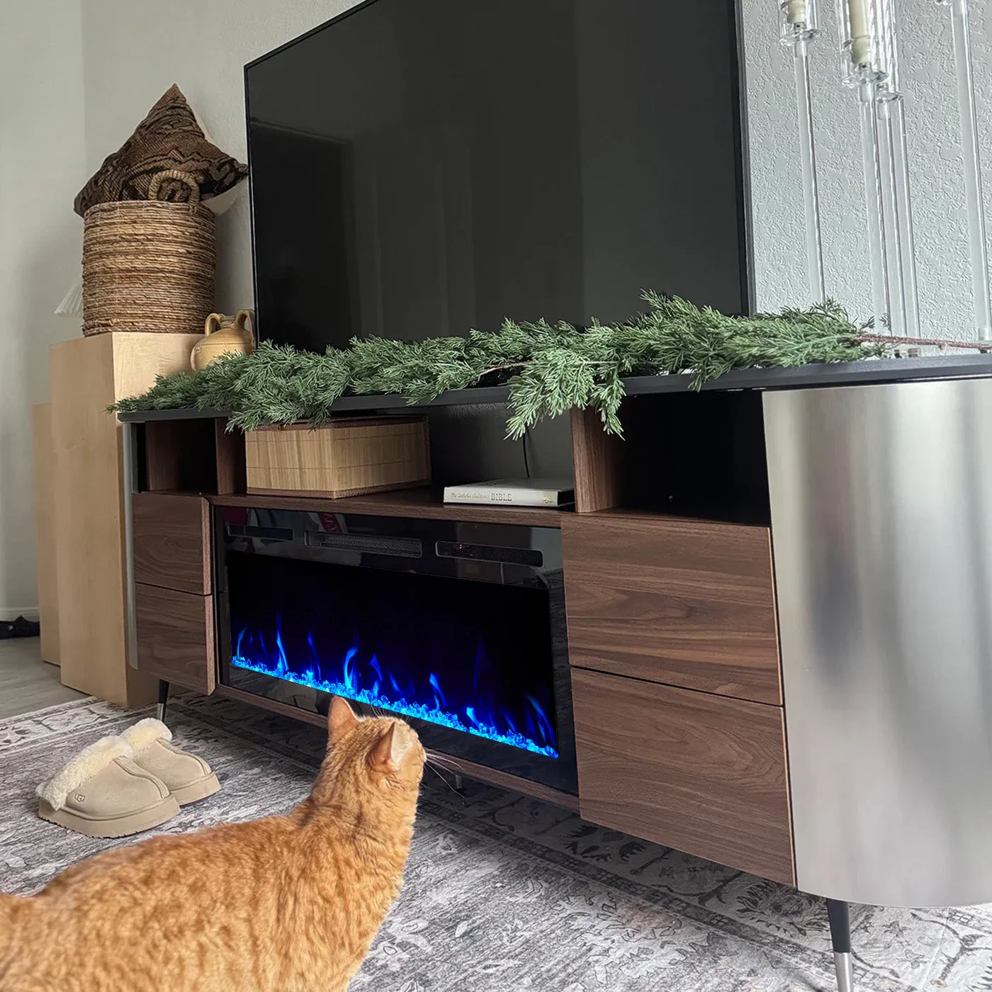 UCapsule 76.8" TV Stand with Electric Fireplace and Drawers