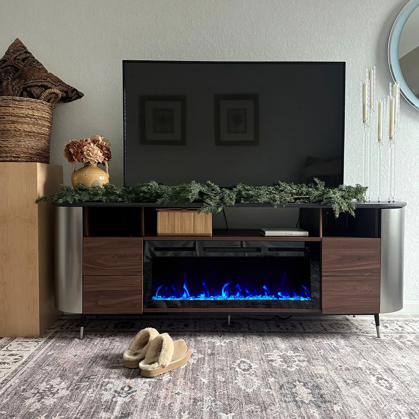 UCapsule 76.8" TV Stand with Electric Fireplace and Drawers
