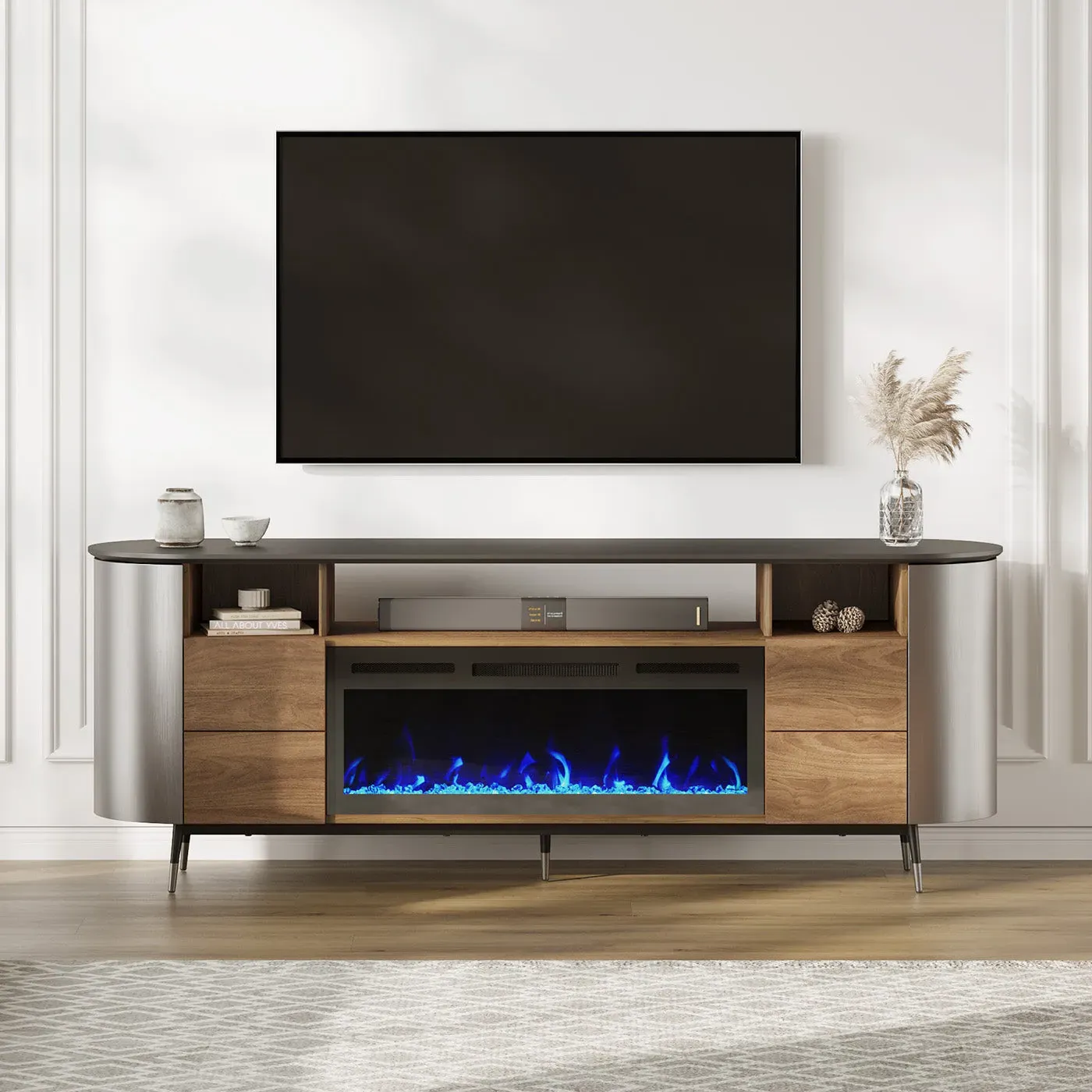 UCapsule 76.8" TV Stand with Electric Fireplace and Drawers