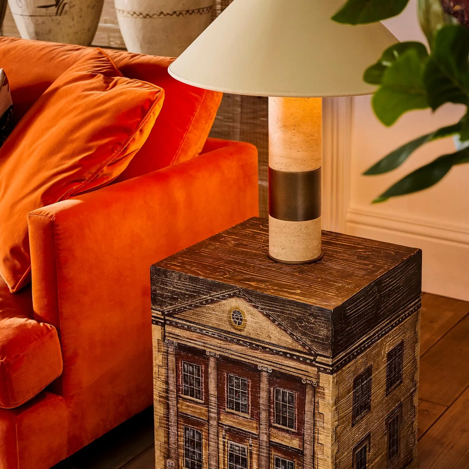 Aura Table Lamp Base - Travertine, Burnished Brass alternate view