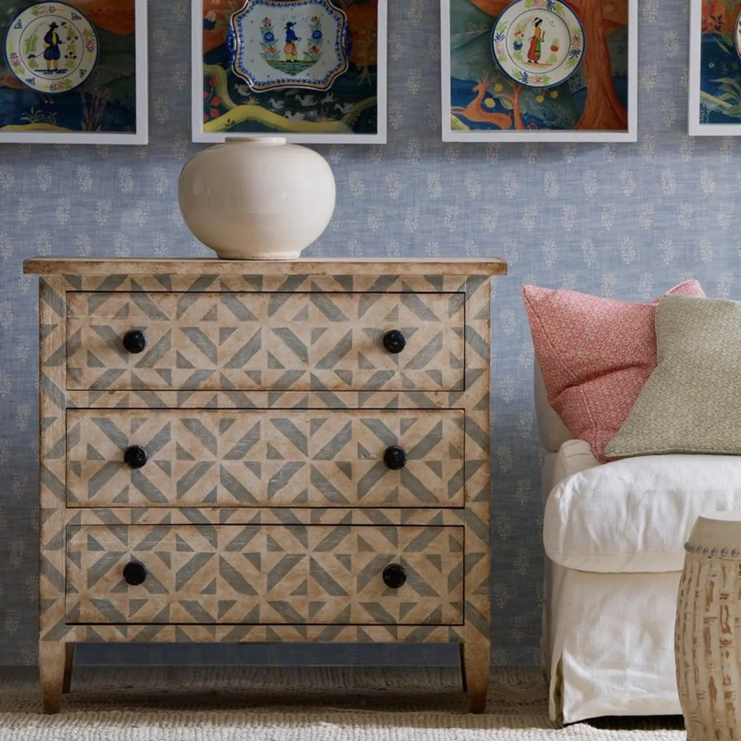 Hand-Painted Chest with Geometric Finish - Clay, Reclaimed Wood alternate view