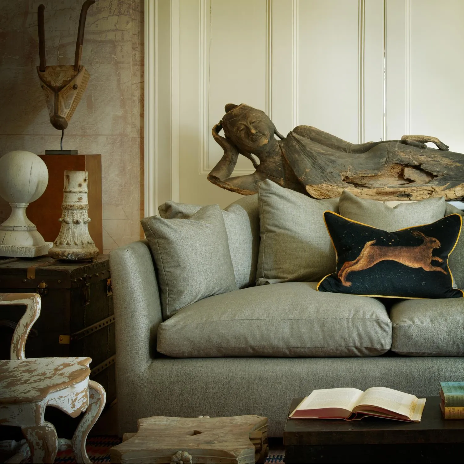 Pisanello Hare Rectangular Cushion with Feather Fill - Black/Brown/Gold, Velvet alternate view
