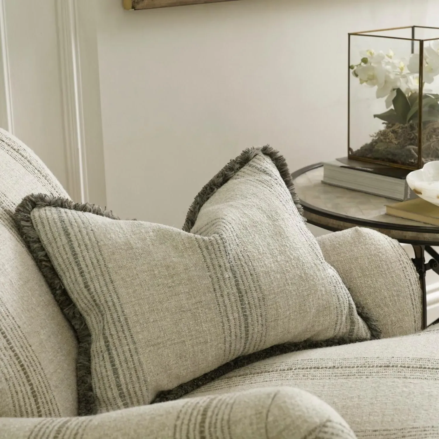 Striped Cushion with Trim - Silver, Linen Blend alternate view
