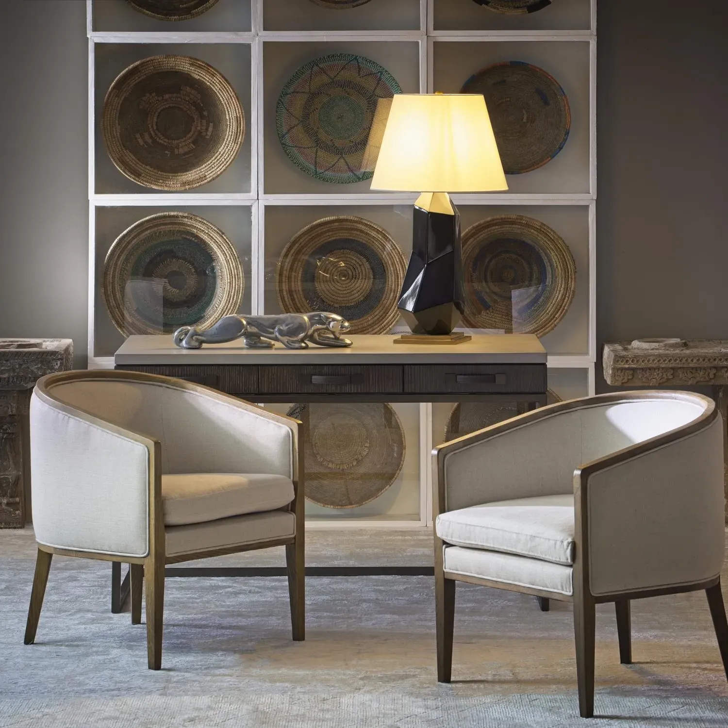 Cubist Table Lamp with Linen Shade - Black, Brass alternate view