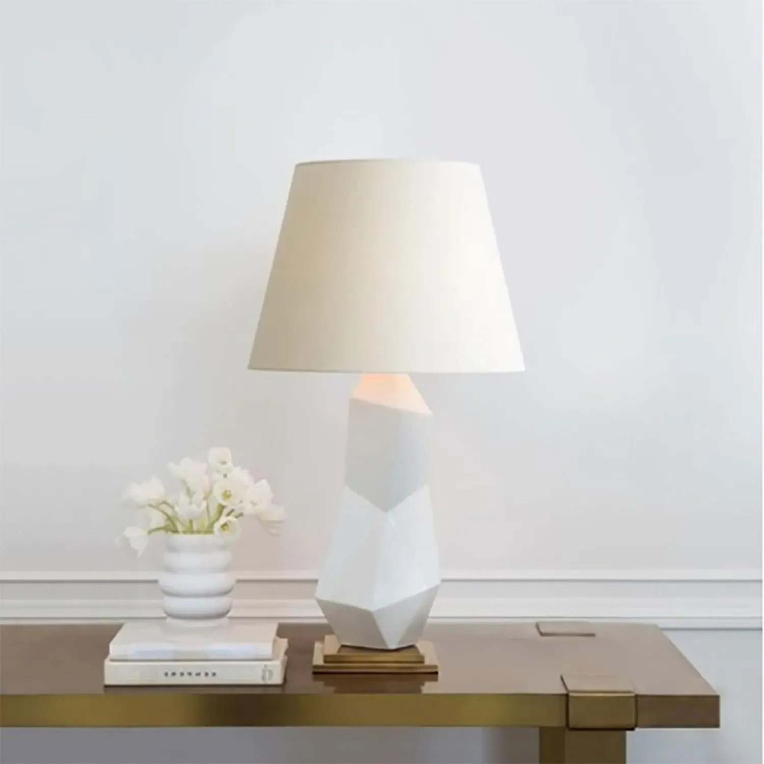 Cubist Table Lamp with Brass Accents - White alternate view
