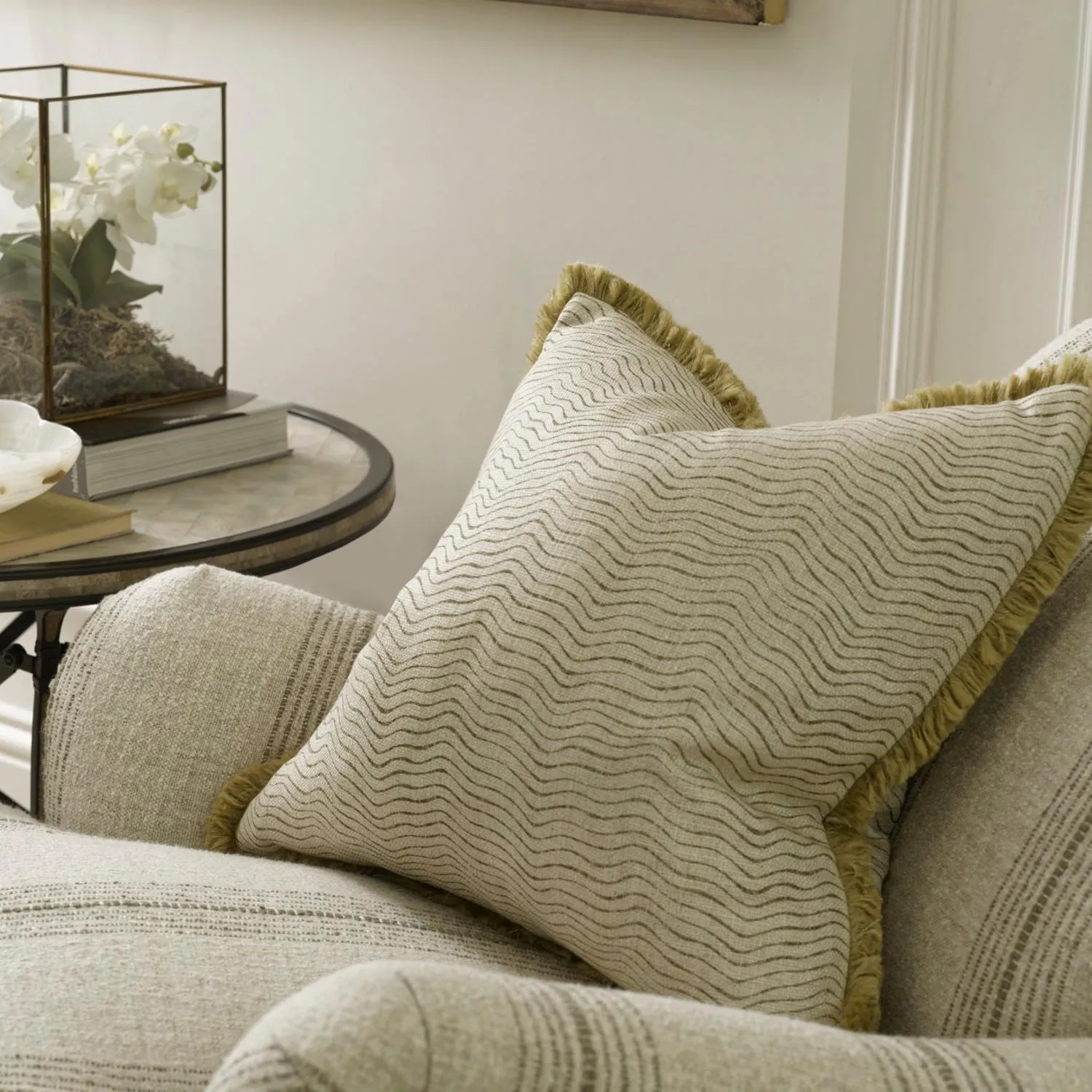 Feather Cushion with Trim - Olive, Linen Blend alternate view