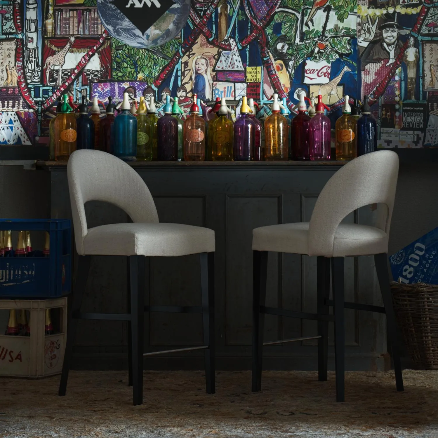 Curved Bar Stool with Footrest - Cream, Linen alternate view