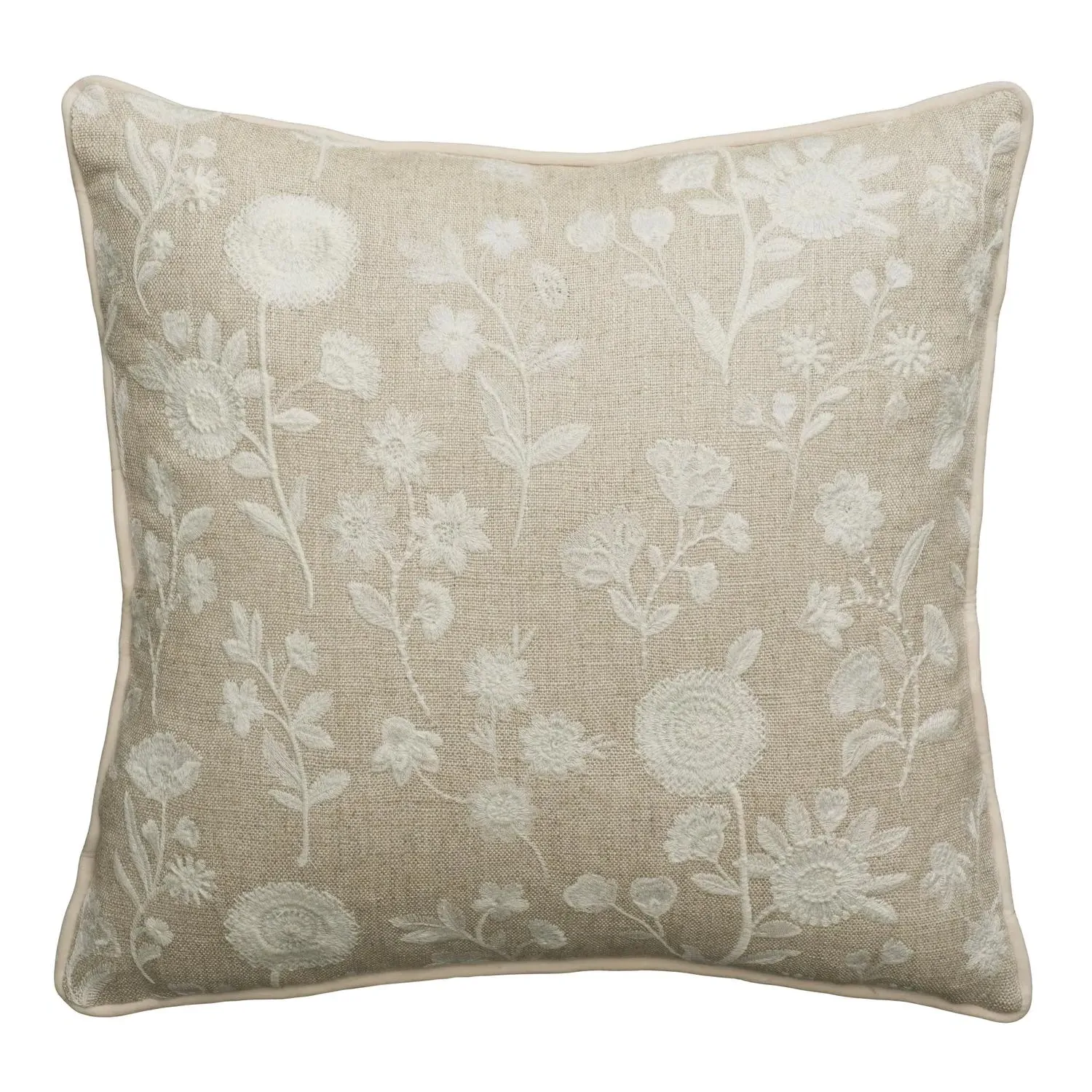 Embroidered Cushion with Feather Fill - Ivory, Linen product