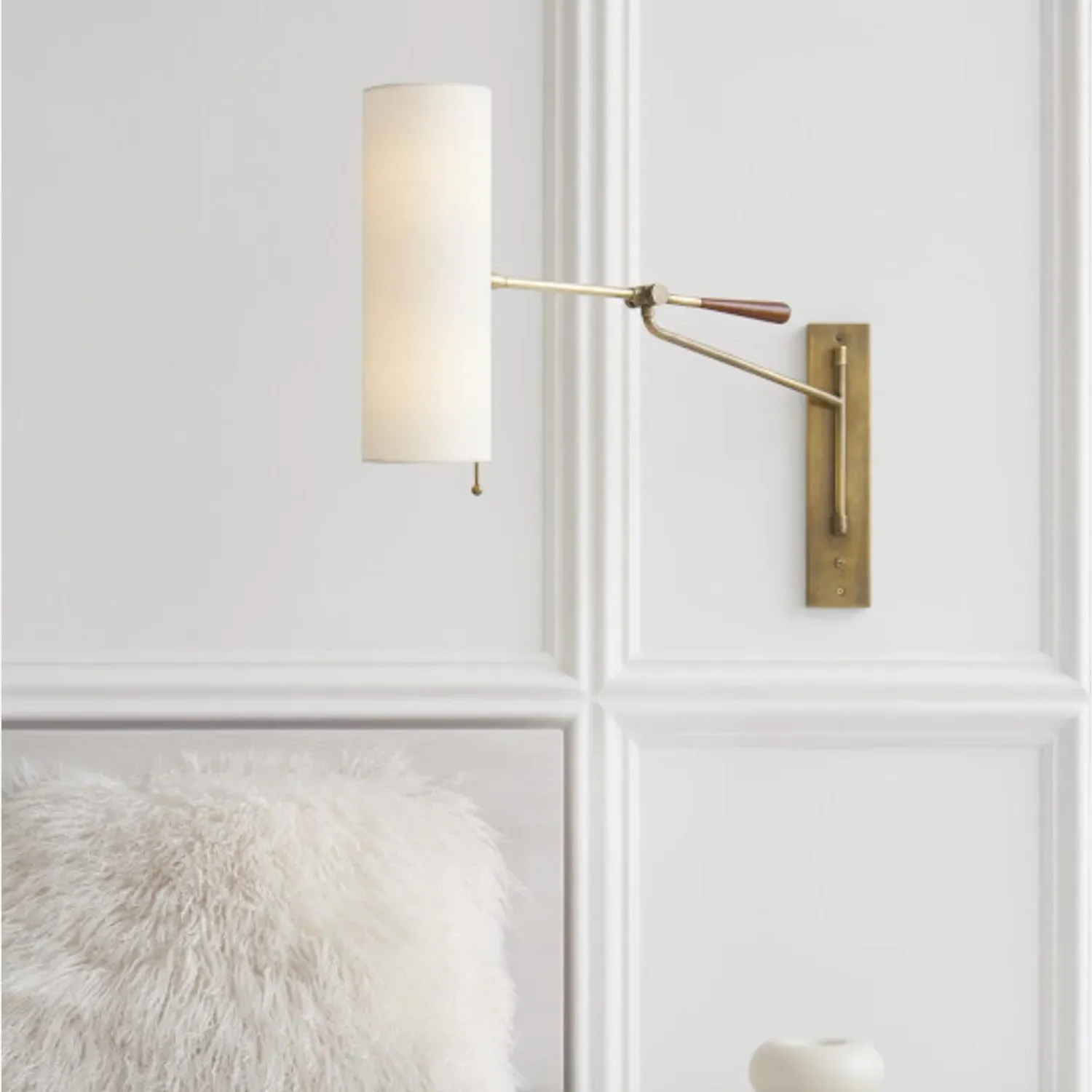 Wall Light with Cylindrical Shade - Brass, Mahogany alternate view