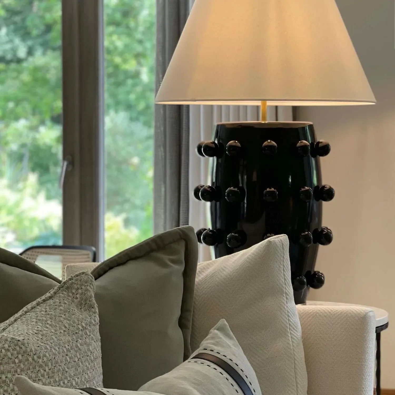 Medium Table Lamp with Bobbles - Black, Linen alternate view