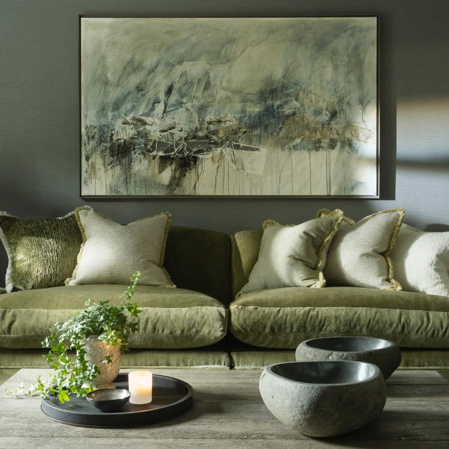 Square Cushion with Feather Fill - Olive, Velvet alternate view
