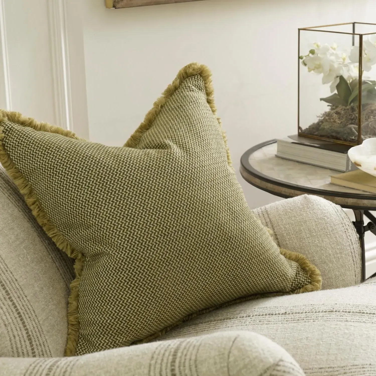 Square Cushion with Trim - Olive, Chenille alternate view