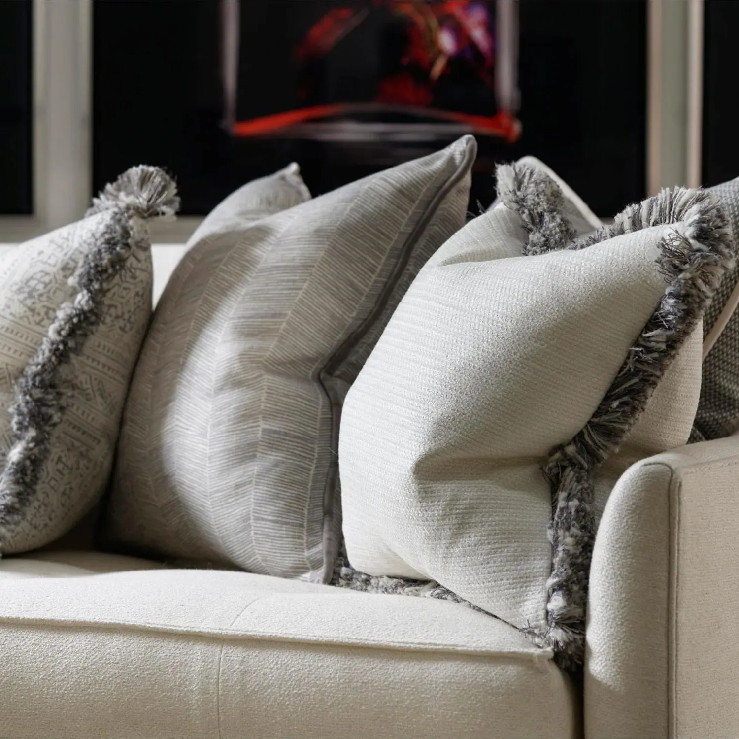 Cushion with Fringe Trim - White, Linen Blend alternate view