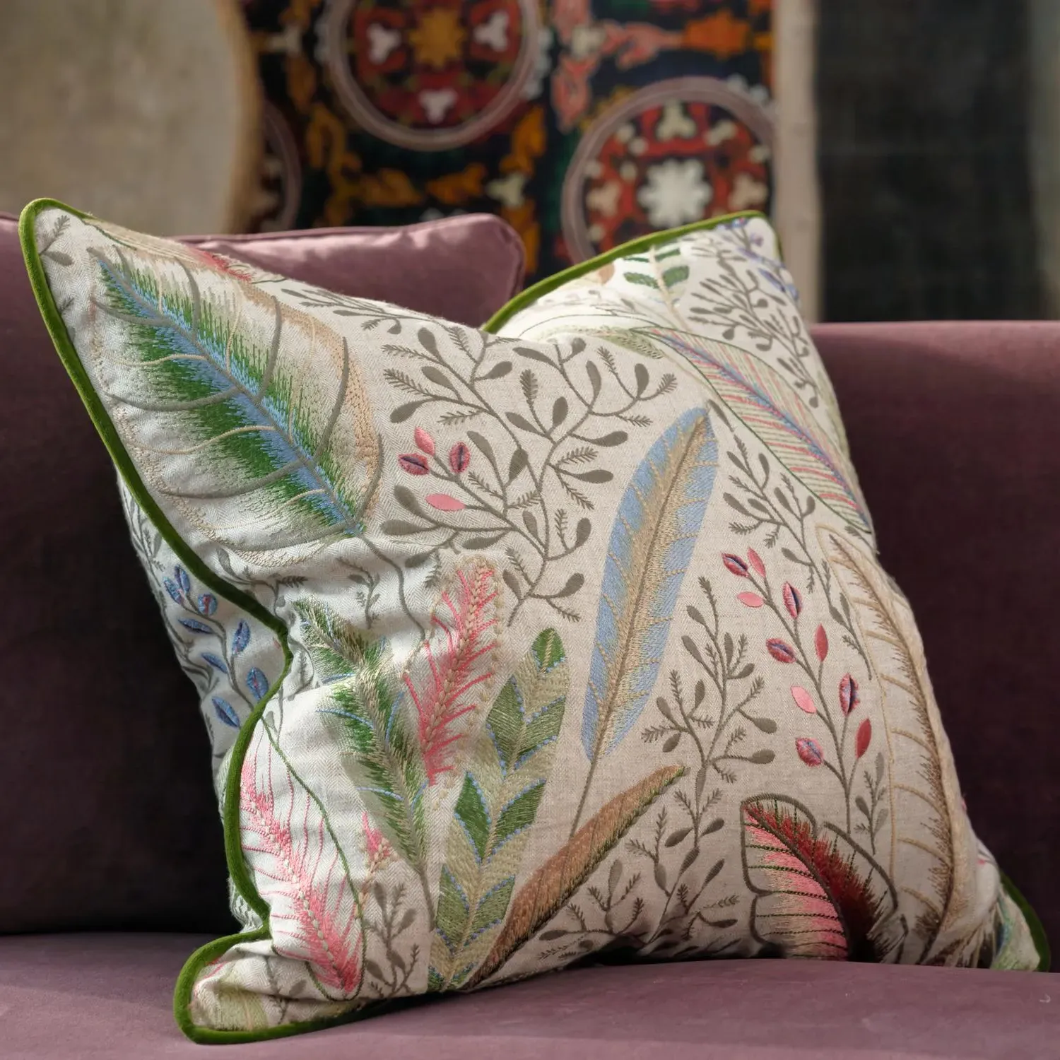 Square Cushion with Embroidery - Sunset, Linen alternate view