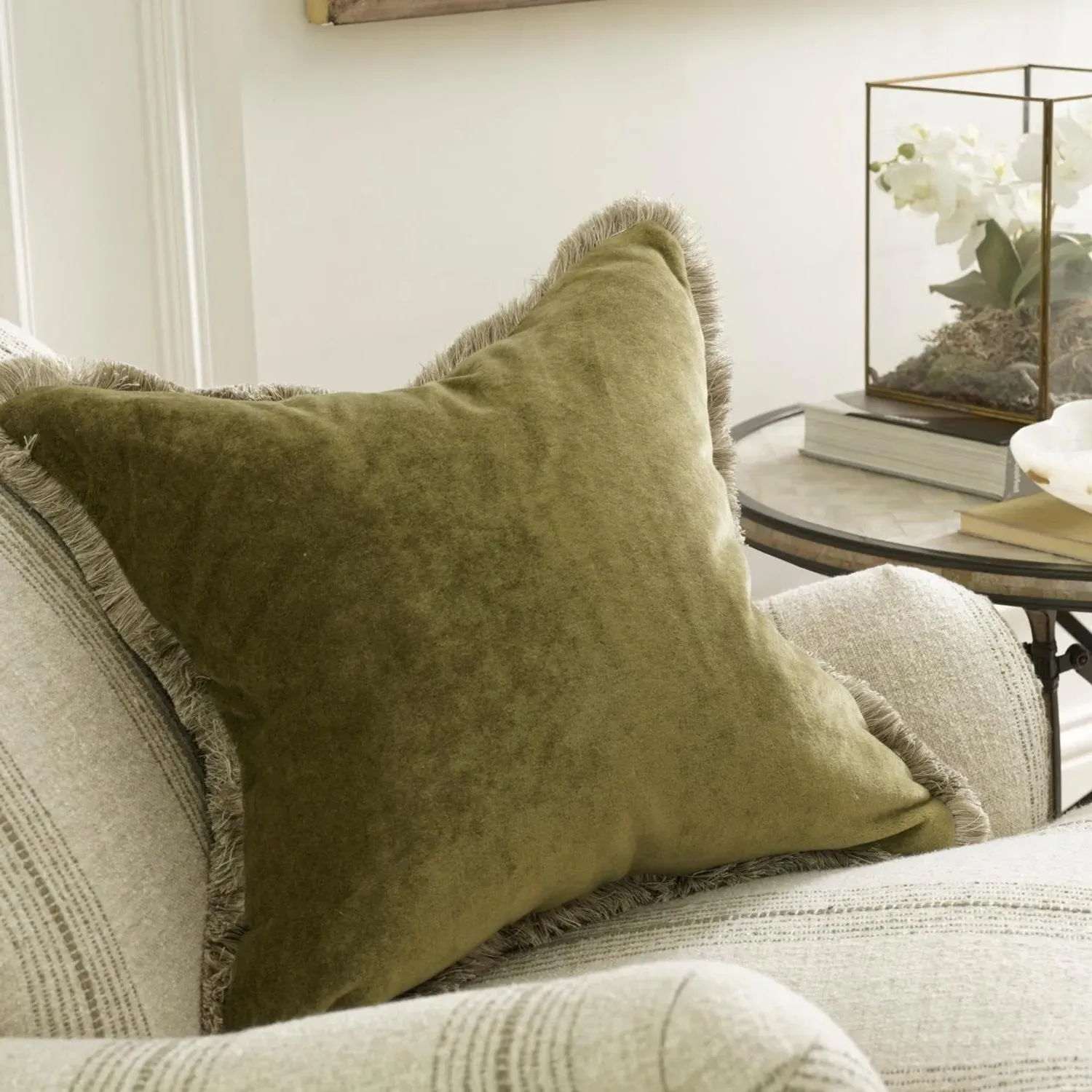 Square Cushion with Trim - Olive, Mohair alternate view