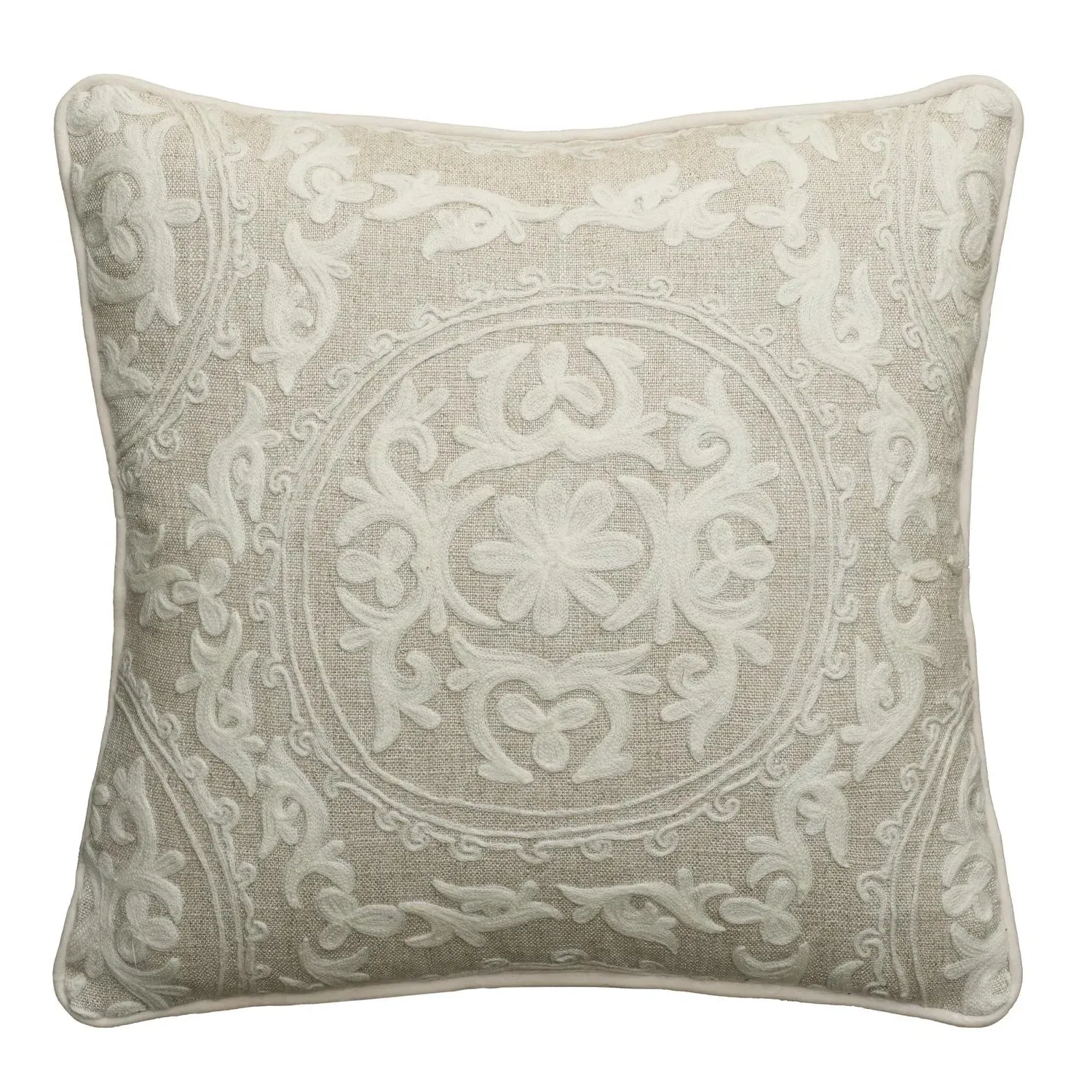 Embroidered Cushion with Feather Fill - Ivory, Linen product