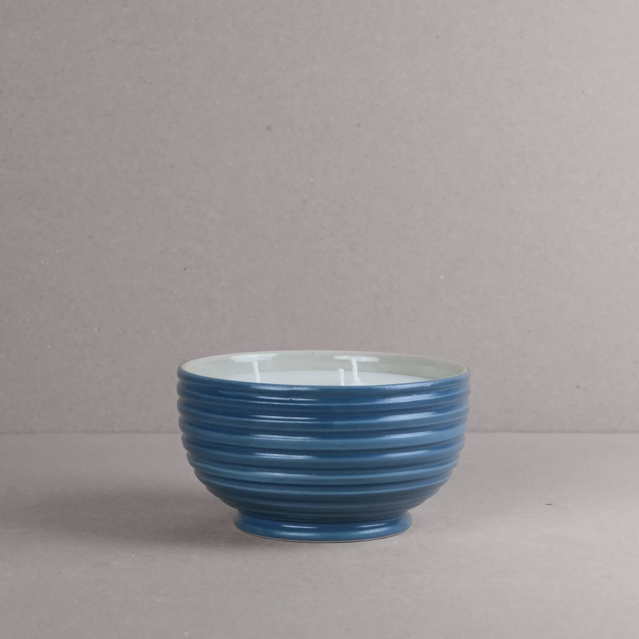 Blue Ridged Large Candle Bowl - Blue, Stoneware
