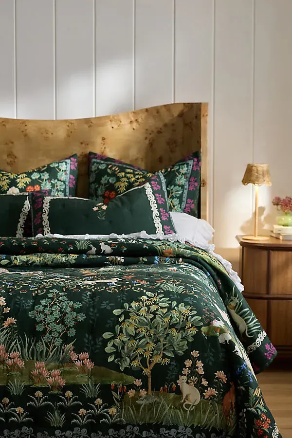 Aerith Queen Size Printed Quilt - Green, Cotton Slub by Anthropologie